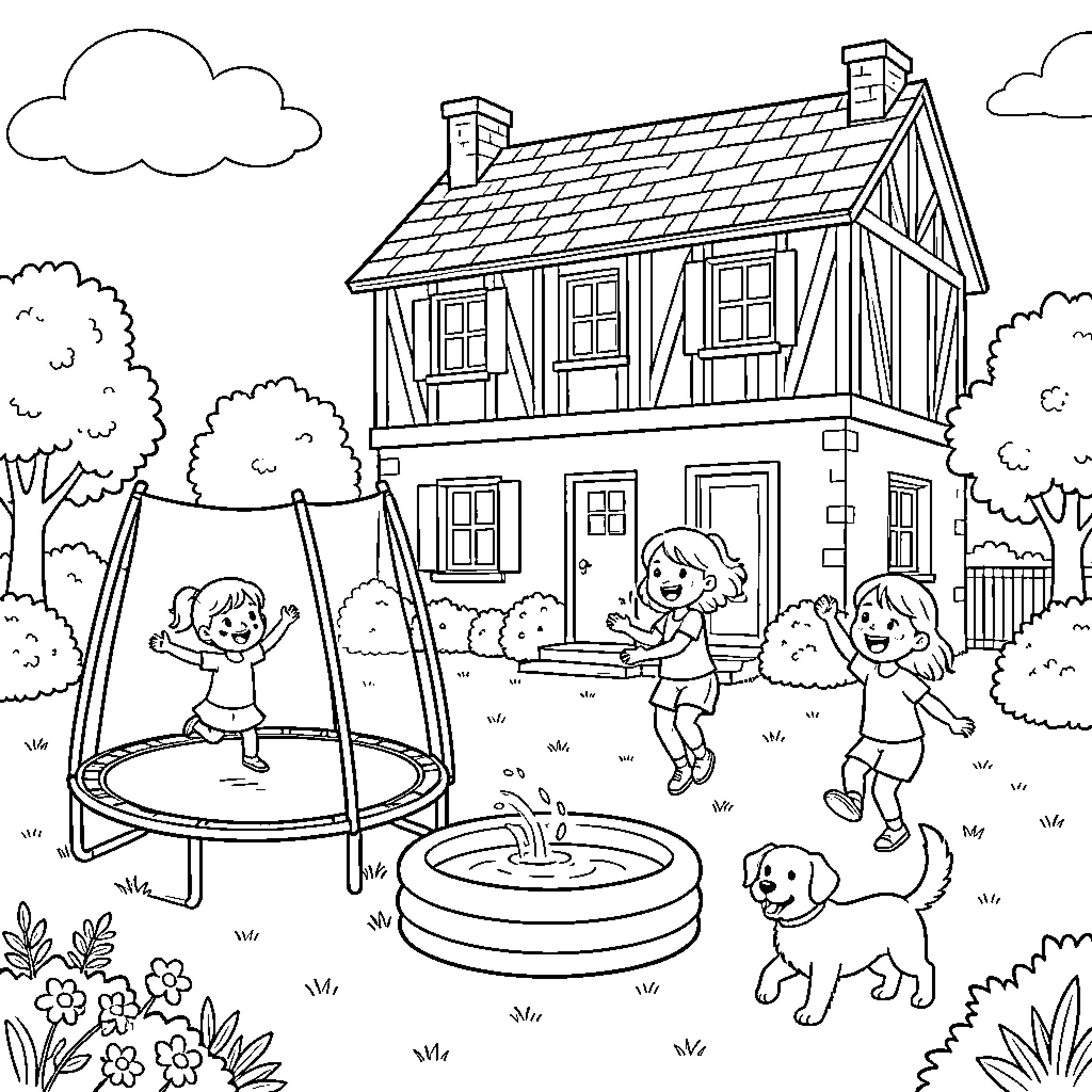 Fille playing happily in a backyard with a dog Coloring Page (free black-and-white line drawing printable PDF for all, from beginners to advanced learners, including children, teens, adults, and seniors)