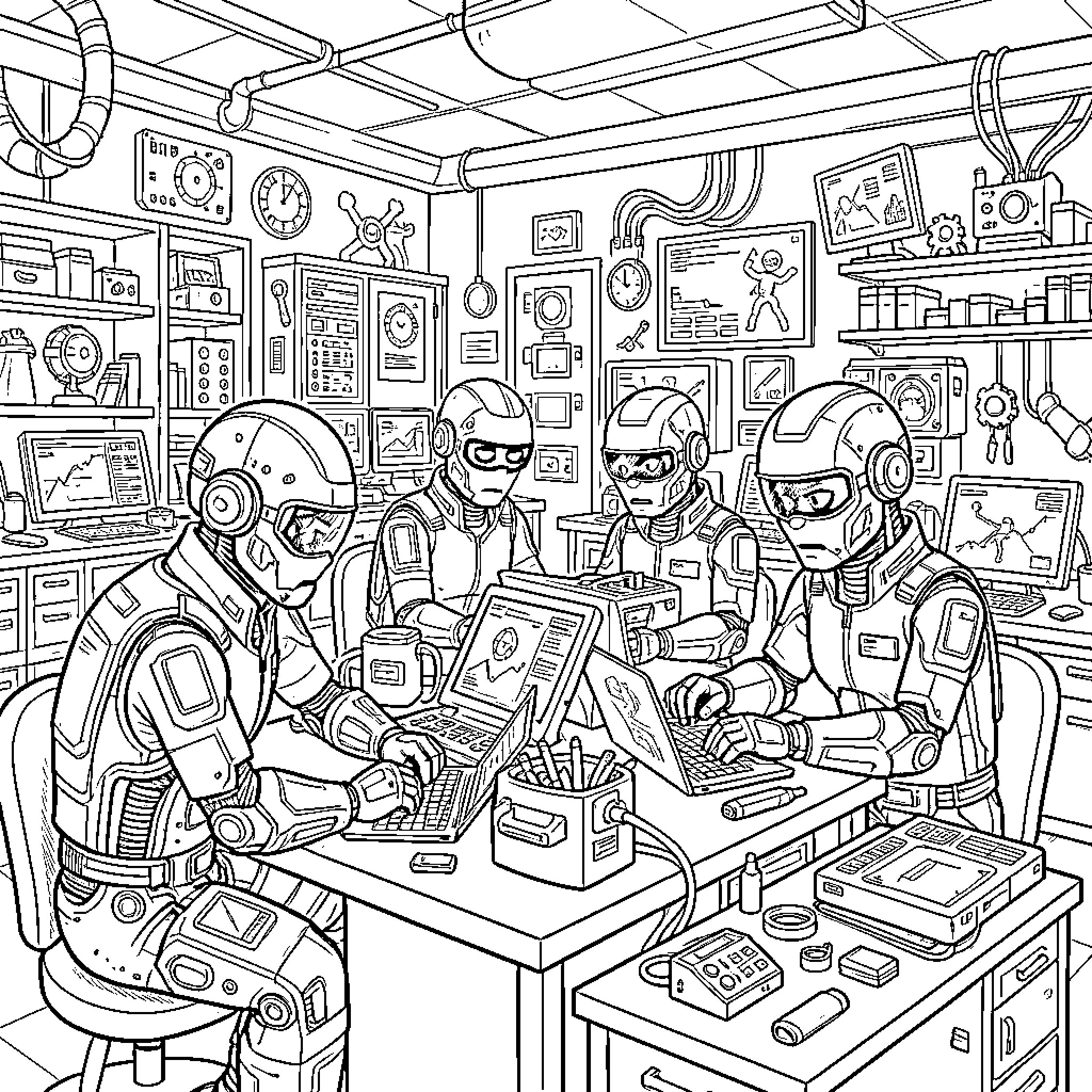 Glitch Tech Team at Work in the Lab Coloring Page (free black-and-white line drawing printable PDF for all, from beginners to advanced learners, including children, teens, adults, and seniors)