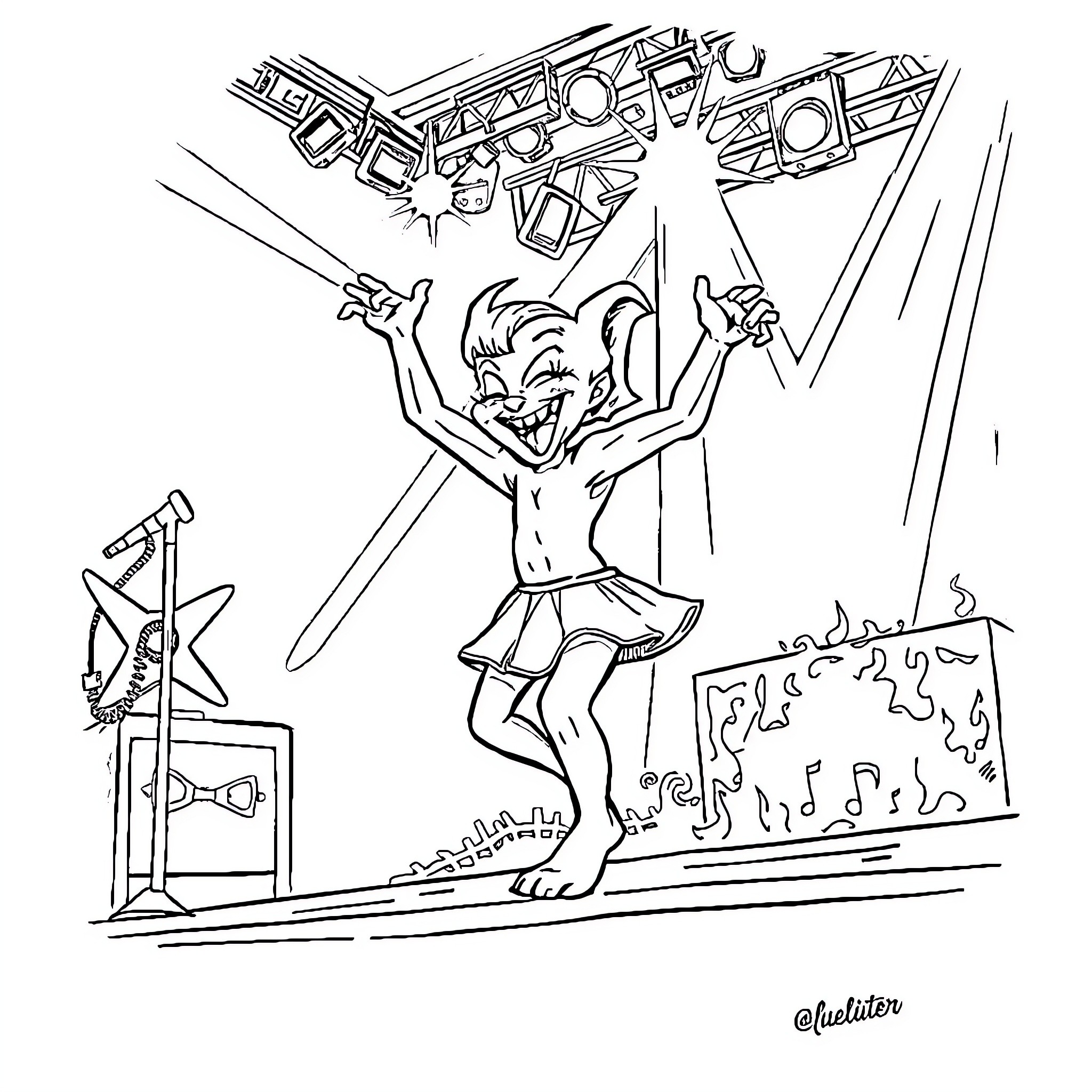 Skeleton Dancing with Musical Instruments Coloring Page (free black-and-white line drawing printable PDF for all, from beginners to advanced learners, including children, teens, adults, and seniors)