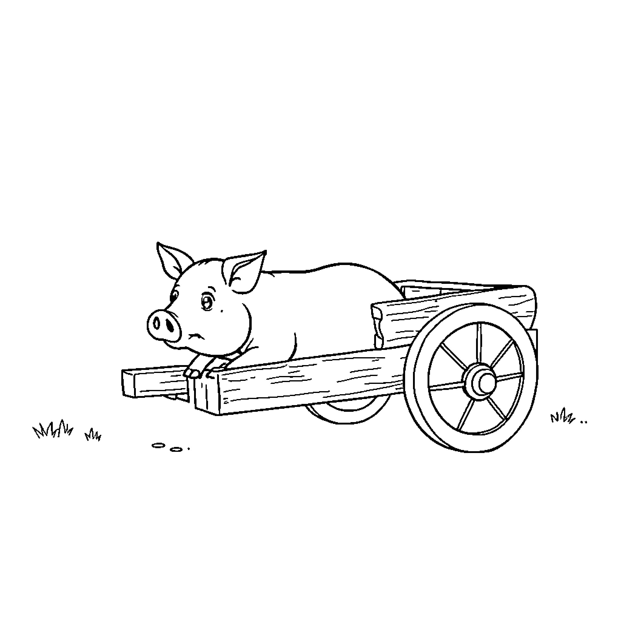 Pig riding a wooden cart Coloring Page (free black-and-white line drawing printable PDF for all, from beginners to advanced learners, including children, teens, adults, and seniors)