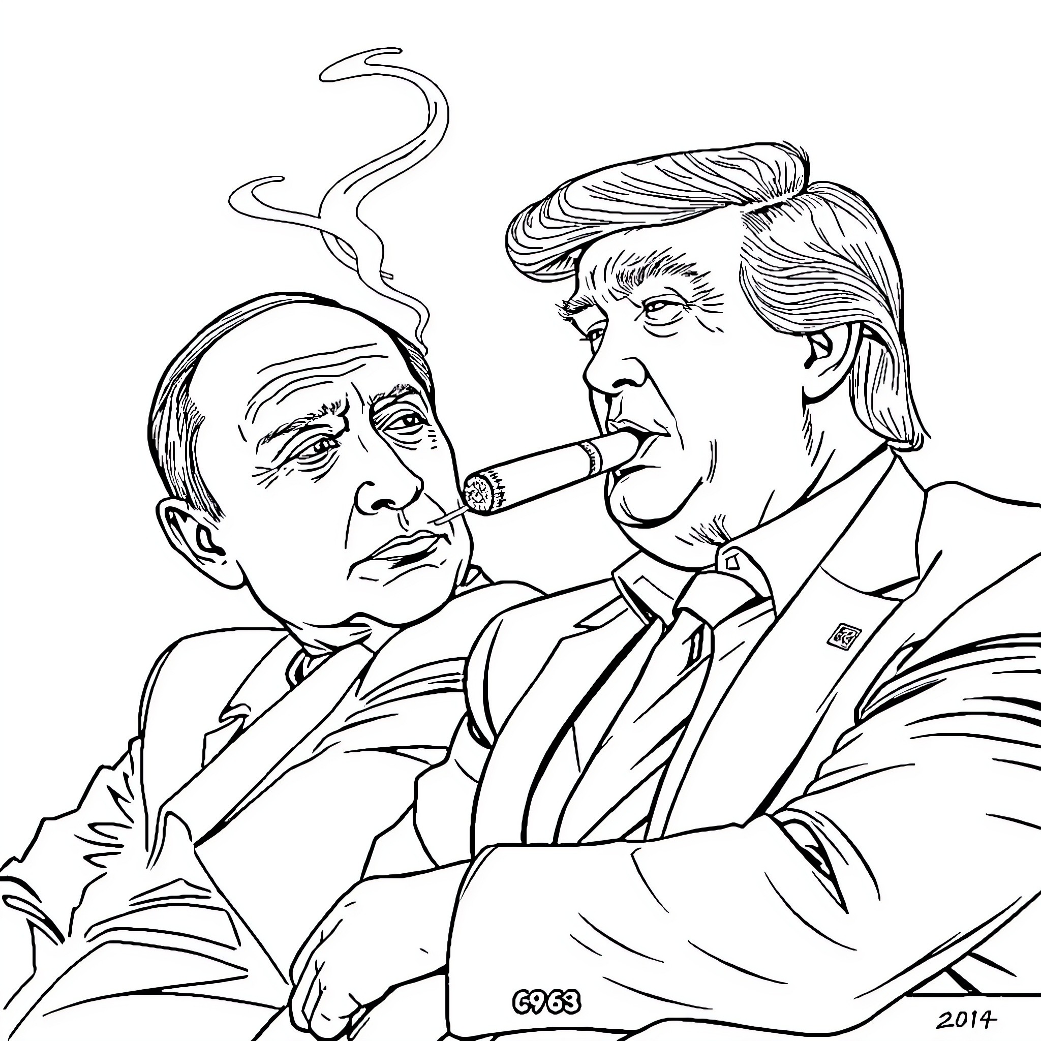Putin Smoking Cigar with Frown on Face Coloring Page (free black-and-white line drawing printable PDF for all, from beginners to advanced learners, including children, teens, adults, and seniors)
