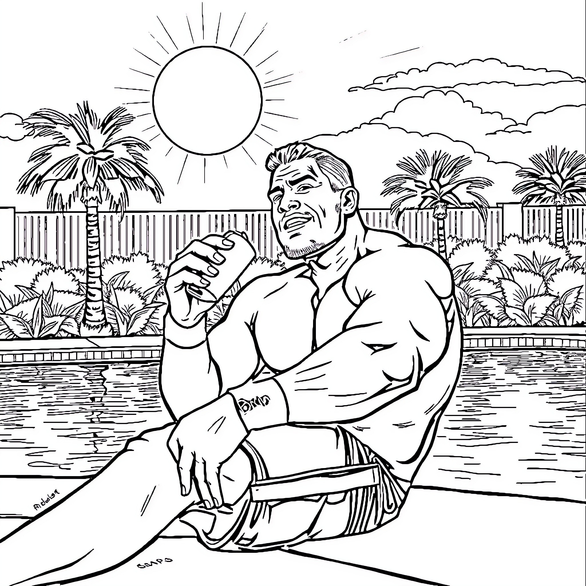 John Cena relaxing in tropical paradise Coloring Page (free black-and-white line drawing printable PDF for all, from beginners to advanced learners, including children, teens, adults, and seniors)