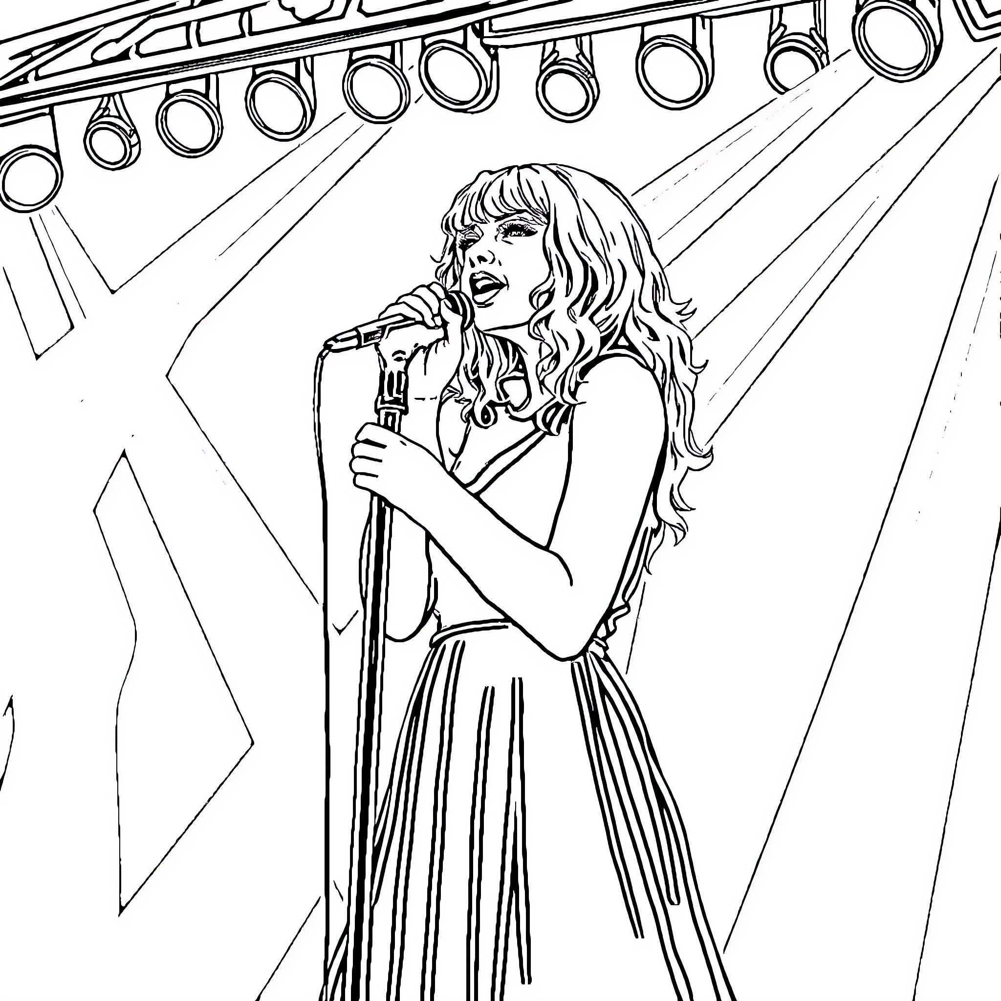 Taylor Swift performing on stage with microphone Coloring Page (free black-and-white line drawing printable PDF for all, from beginners to advanced learners, including children, teens, adults, and seniors)