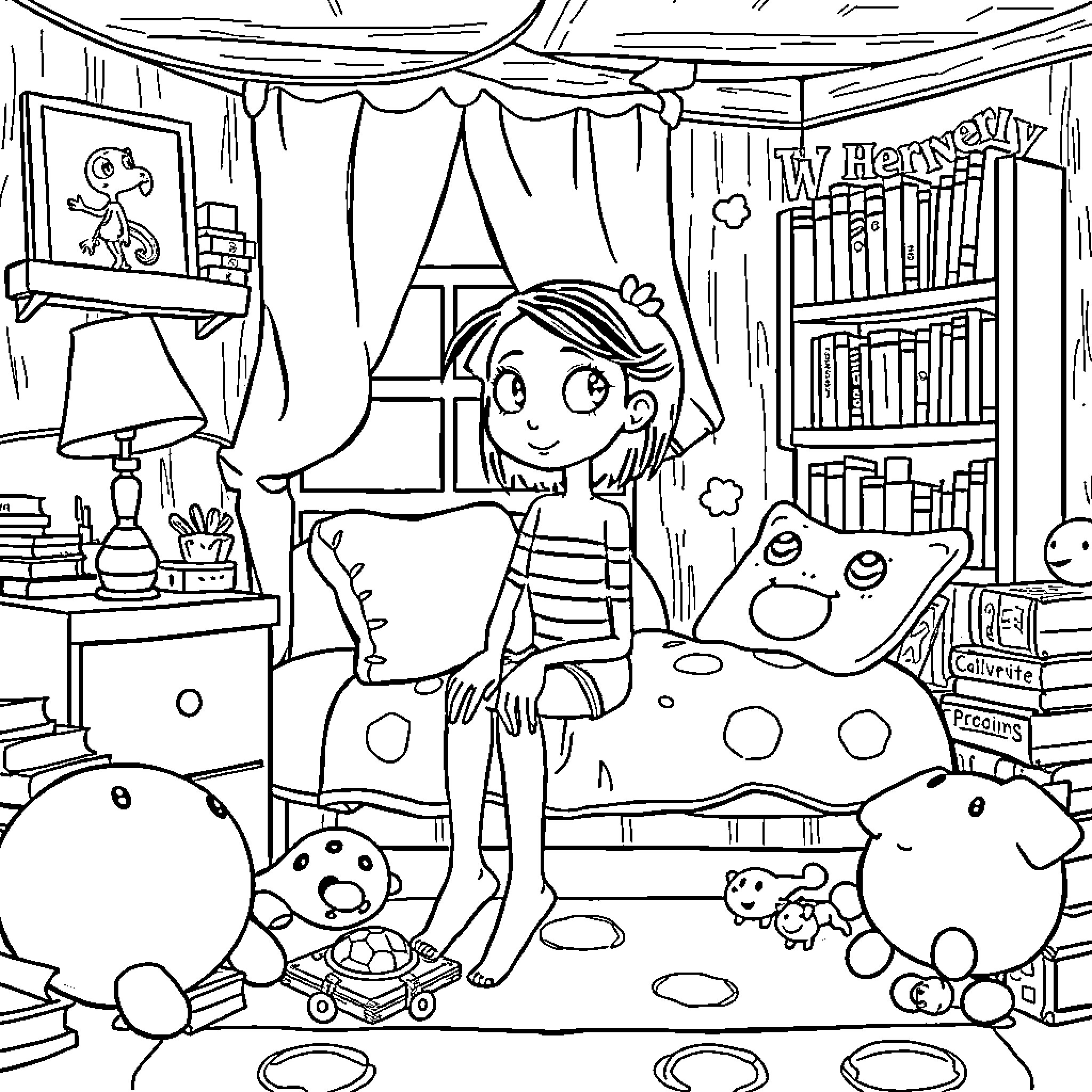 Coraline's Whimsical Bedroom Adventure Coloring Page (free black-and-white line drawing printable PDF for all, from beginners to advanced learners, including children, teens, adults, and seniors)