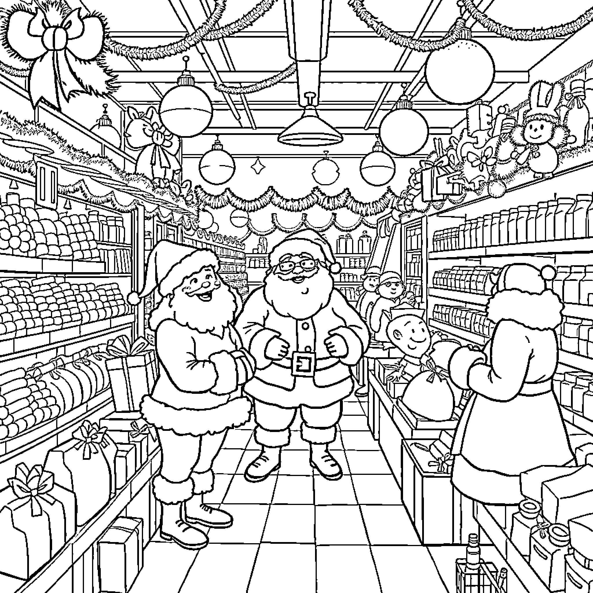 Santa and Helpers Celebrate the Holiday Season Coloring Page (free black-and-white line drawing printable PDF for all, from beginners to advanced learners, including children, teens, adults, and seniors)