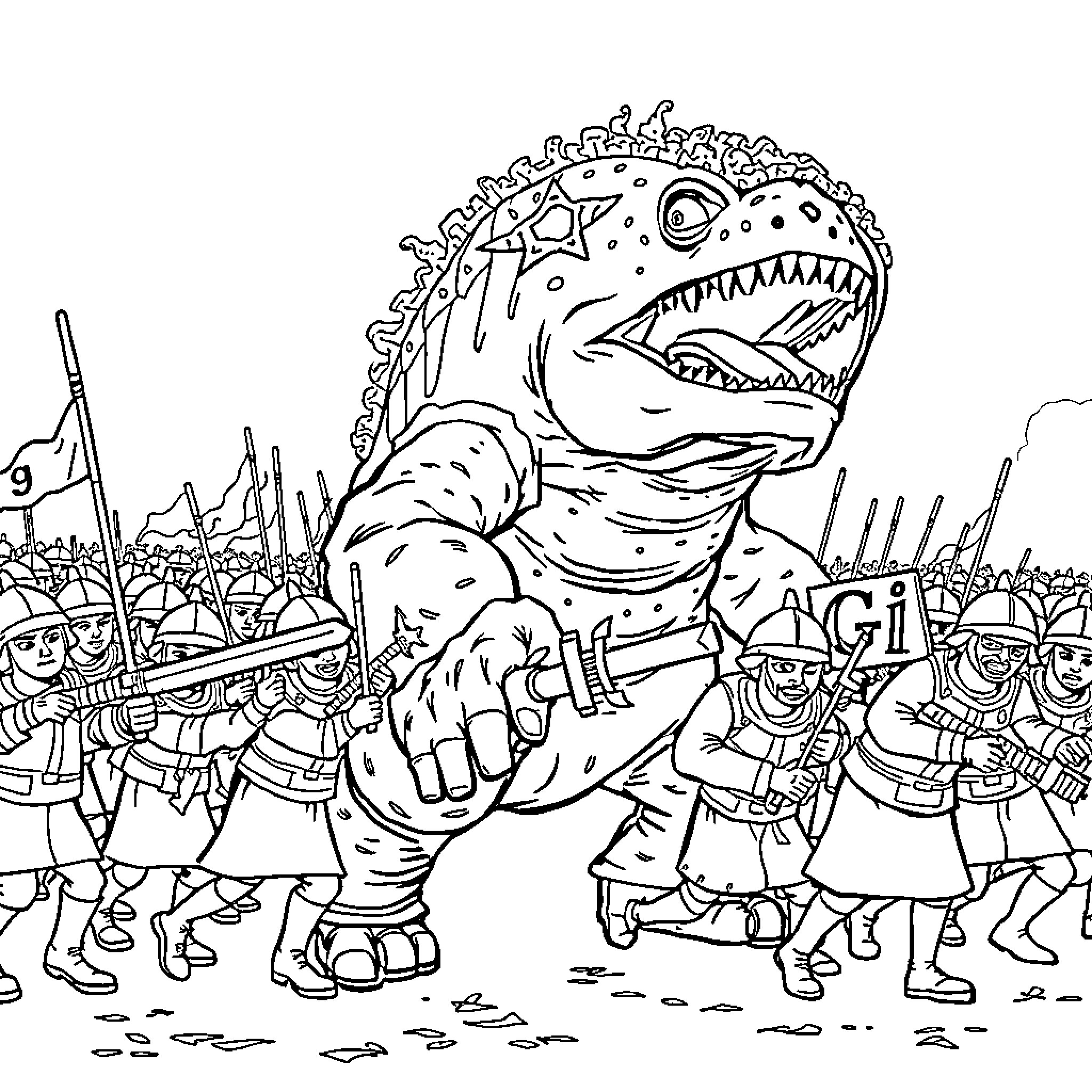 Taco-Themed Dinosaur Leading a Warrior Army Coloring Page (free black-and-white line drawing printable PDF for all, from beginners to advanced learners, including children, teens, adults, and seniors)