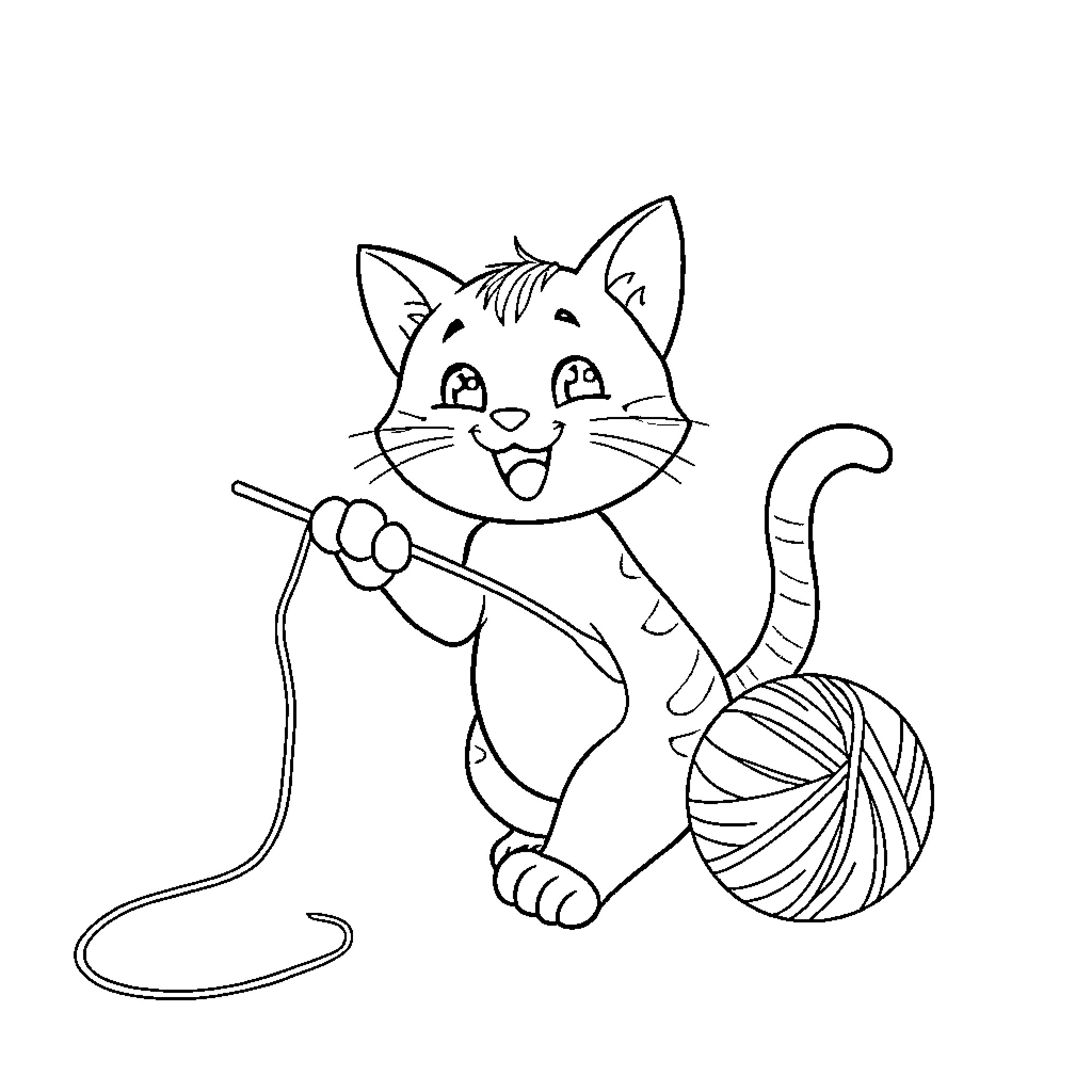 Cat playing with yarn and enjoying Coloring Page (free black-and-white line drawing printable PDF for all, from beginners to advanced learners, including children, teens, adults, and seniors)