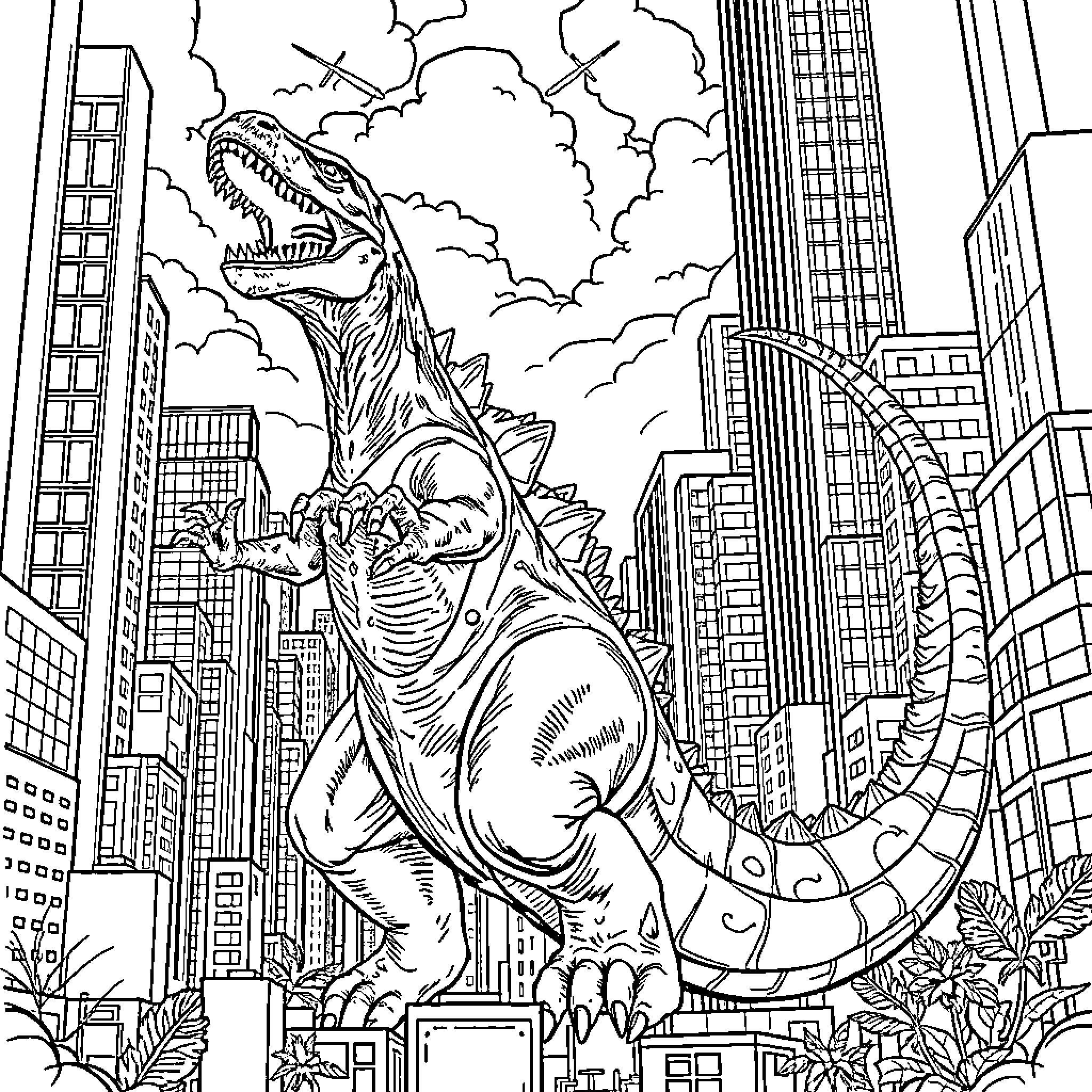 Dinosaur Rampaging through a City Skyline Coloring Page (free black-and-white line drawing printable PDF for all, from beginners to advanced learners, including children, teens, adults, and seniors)