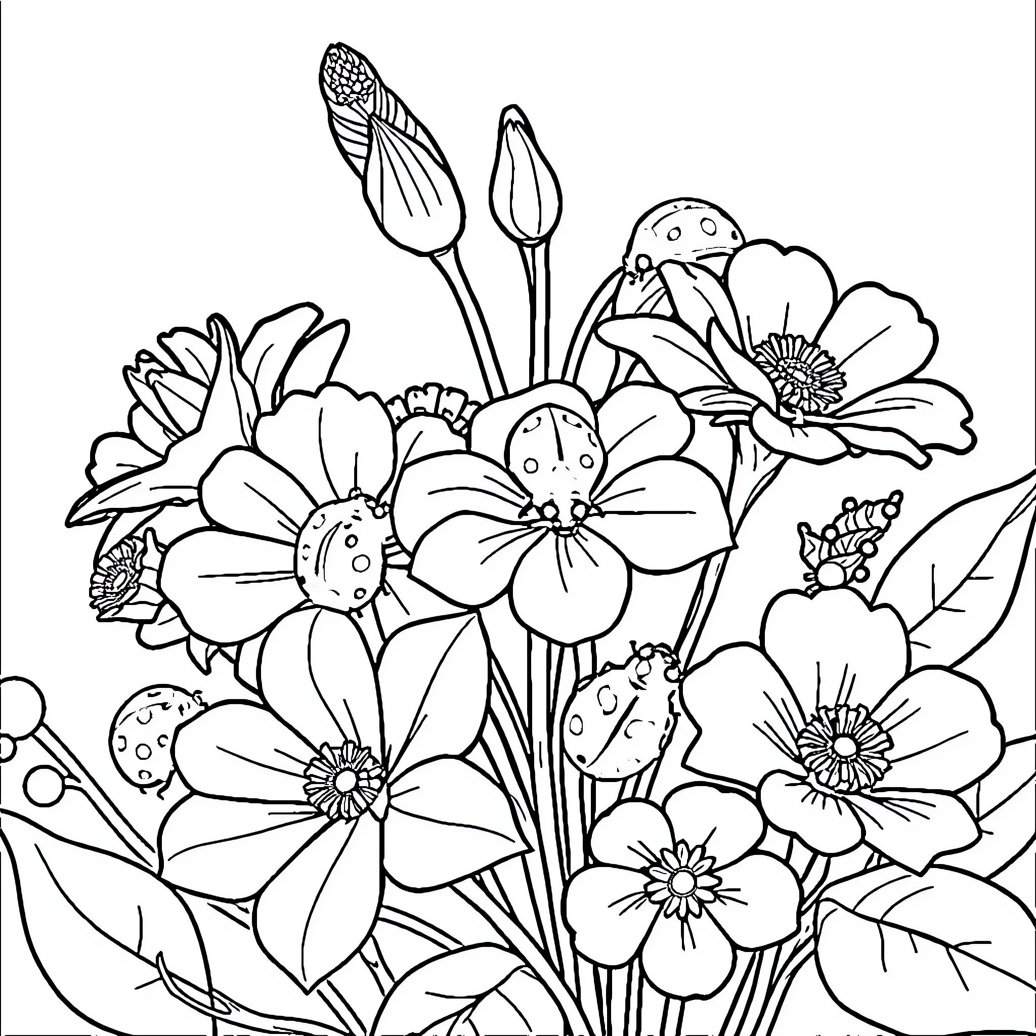 Ladybug amidst a vibrant floral display Coloring Page (free black-and-white line drawing printable PDF for all, from beginners to advanced learners, including children, teens, adults, and seniors)