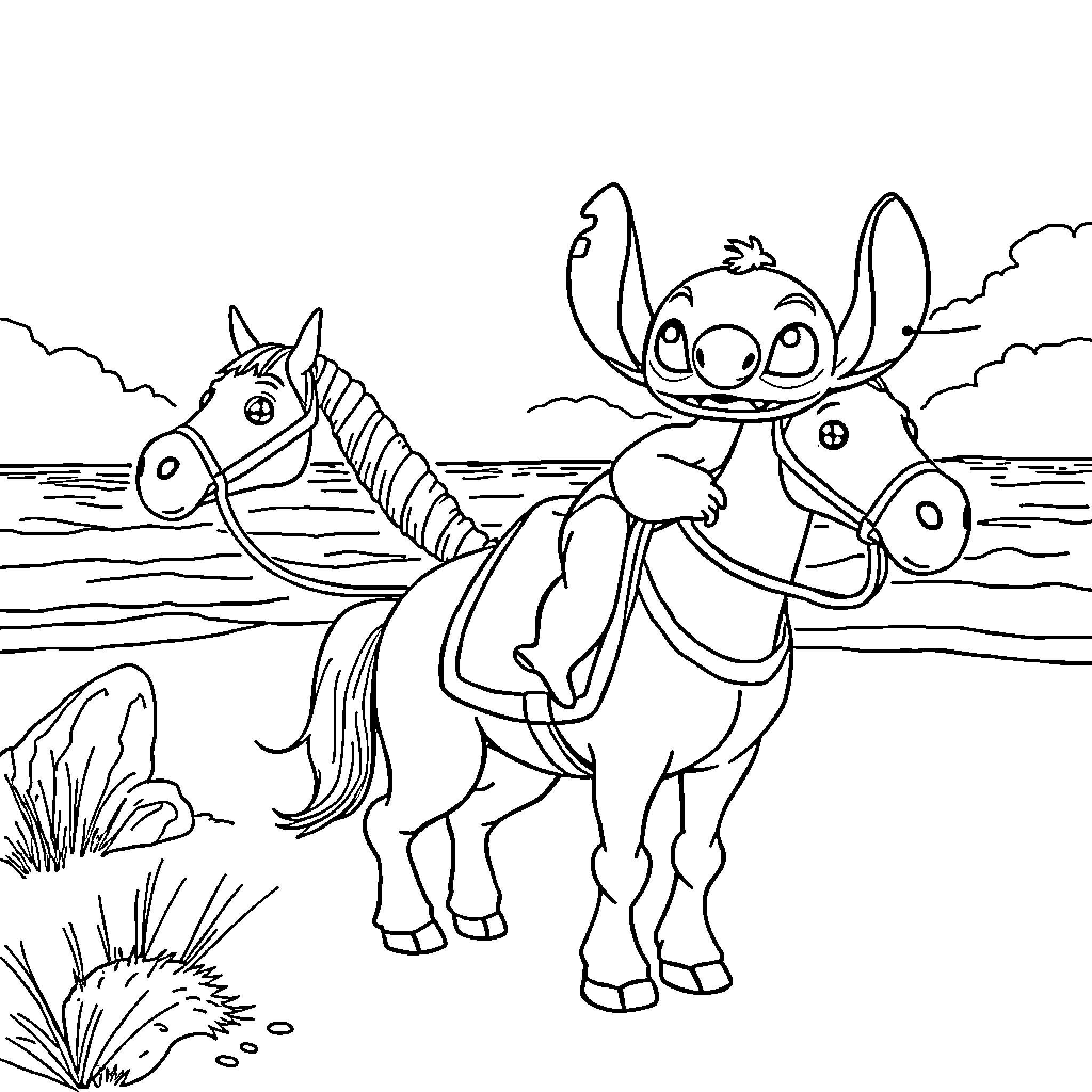 Stitch riding a zebra in a nature scene Coloring Page (free black-and-white line drawing printable PDF for all, from beginners to advanced learners, including children, teens, adults, and seniors)