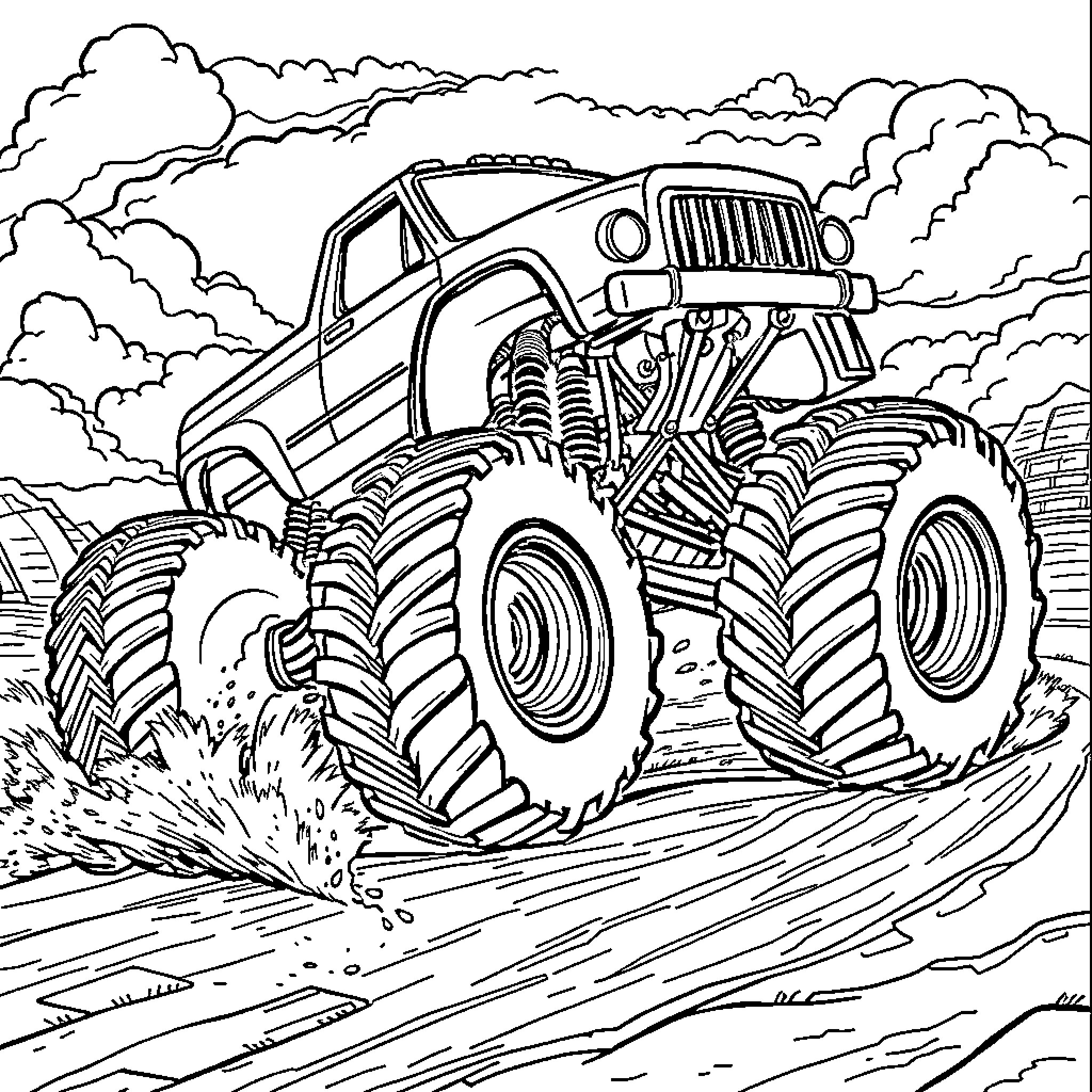 Monster Truck Navigating Rugged Terrain Coloring Page (free black-and-white line drawing printable PDF for all, from beginners to advanced learners, including children, teens, adults, and seniors)