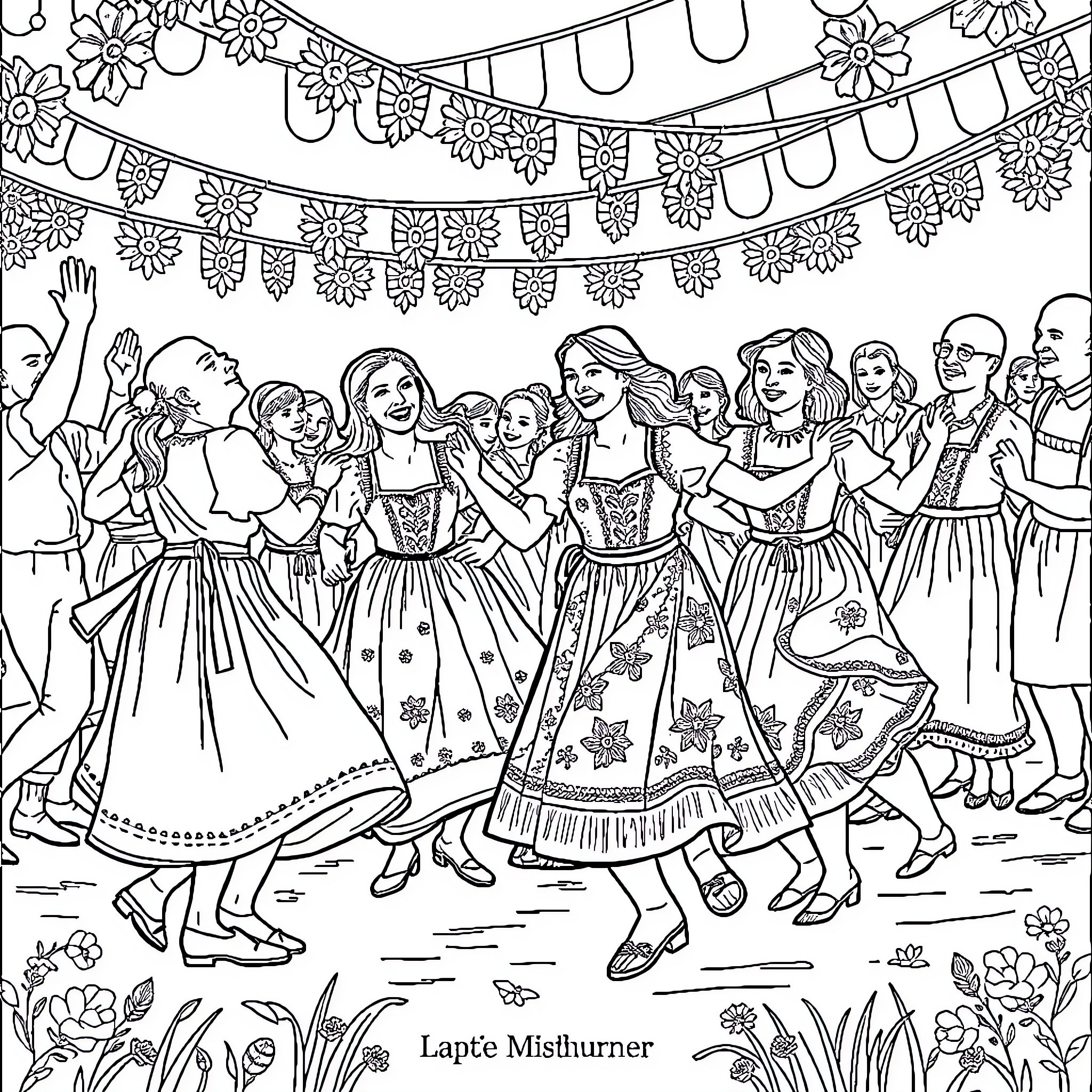 Lithuanian folk dancers in traditional costumes celebrating Coloring Page (free black-and-white line drawing printable PDF for all, from beginners to advanced learners, including children, teens, adults, and seniors)