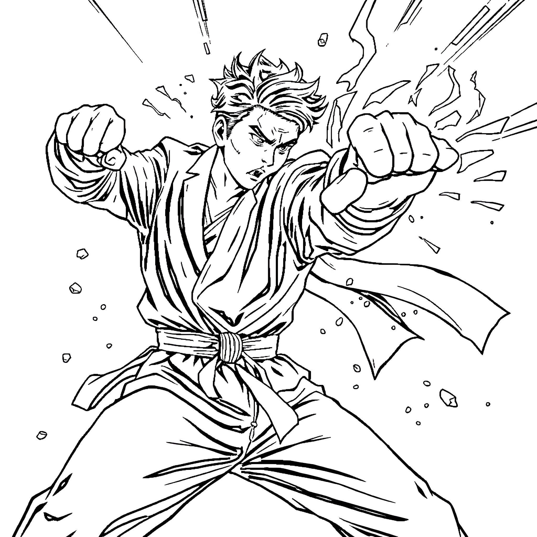 Jin Woo's Heroic Martial Arts Stance Coloring Page (free black-and-white line drawing printable PDF for all, from beginners to advanced learners, including children, teens, adults, and seniors)