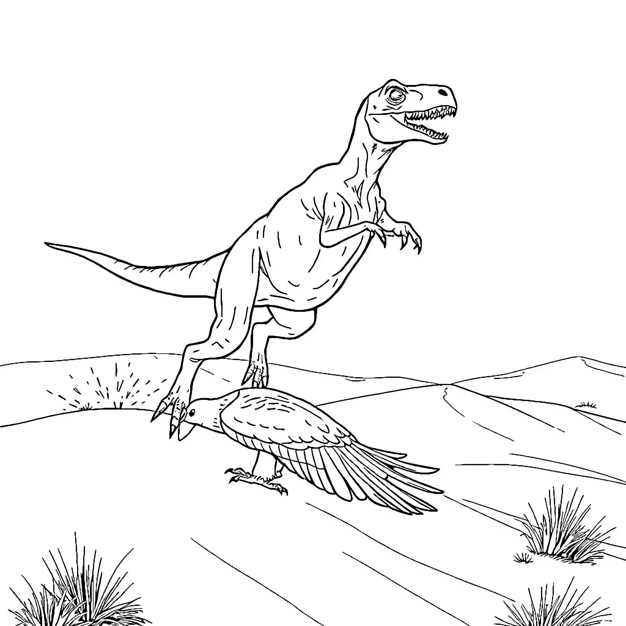 TRX Dinosaur Soaring Through Prehistoric Landscape Coloring Page (free black-and-white line drawing printable PDF for all, from beginners to advanced learners, including children, teens, adults, and seniors)
