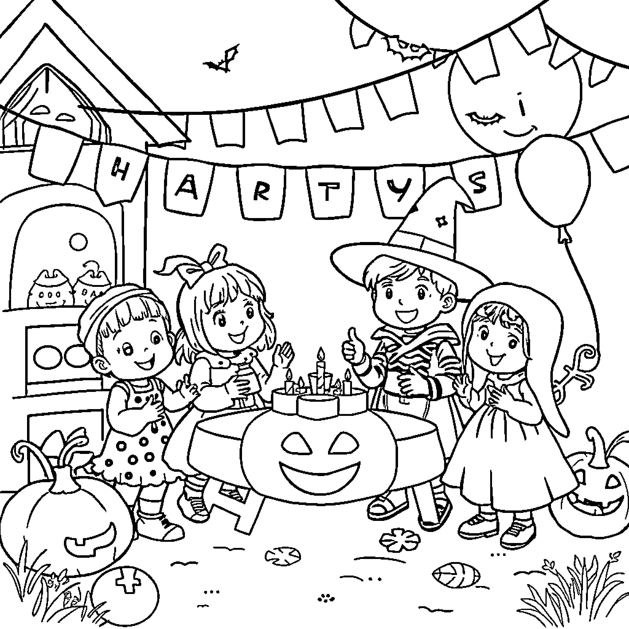 Halloween party with kids in costumes and decorations Coloring Page (free black-and-white line drawing printable PDF for all, from beginners to advanced learners, including children, teens, adults, and seniors)