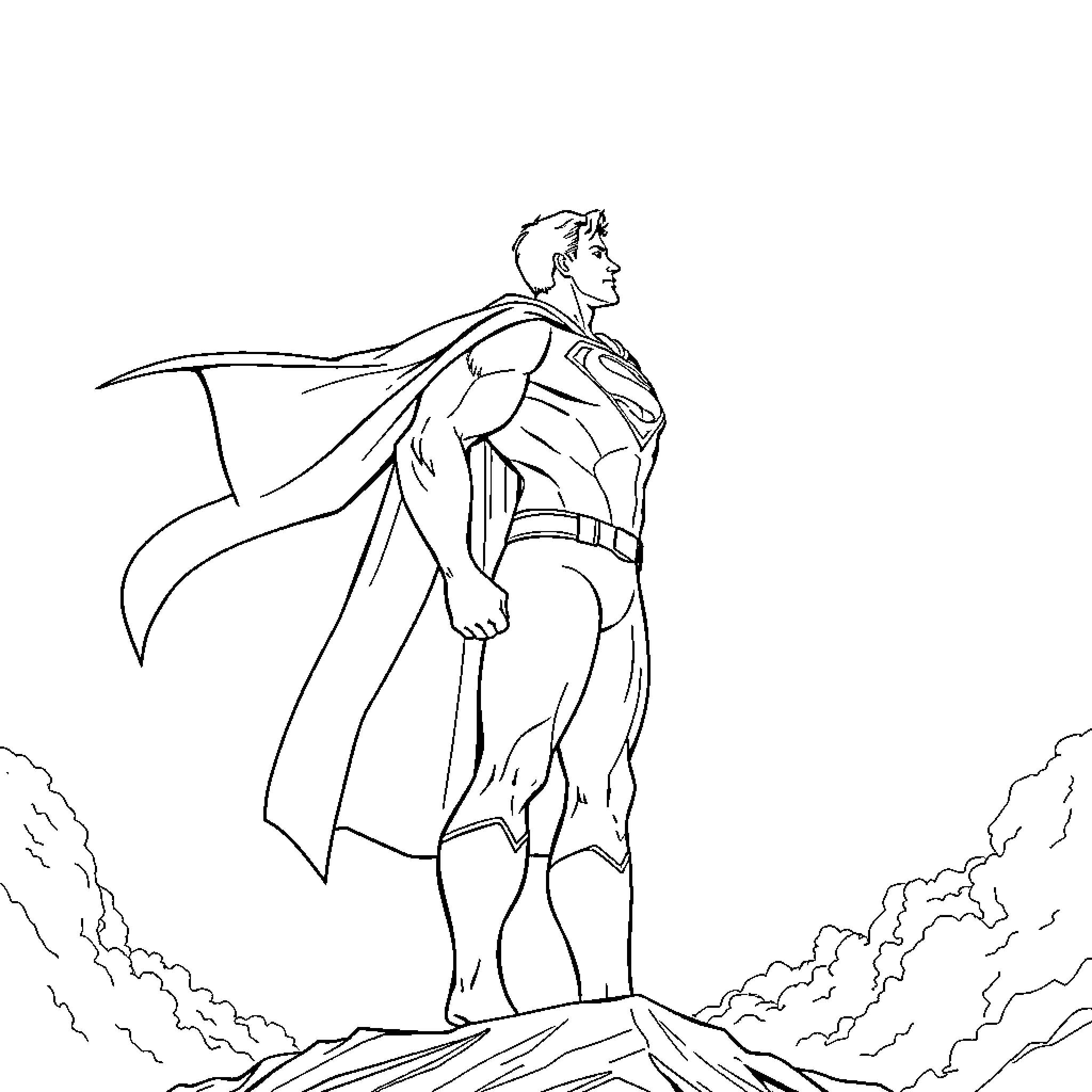 Superman heroically standing atop a cliff Coloring Page (free black-and-white line drawing printable PDF for all, from beginners to advanced learners, including children, teens, adults, and seniors)