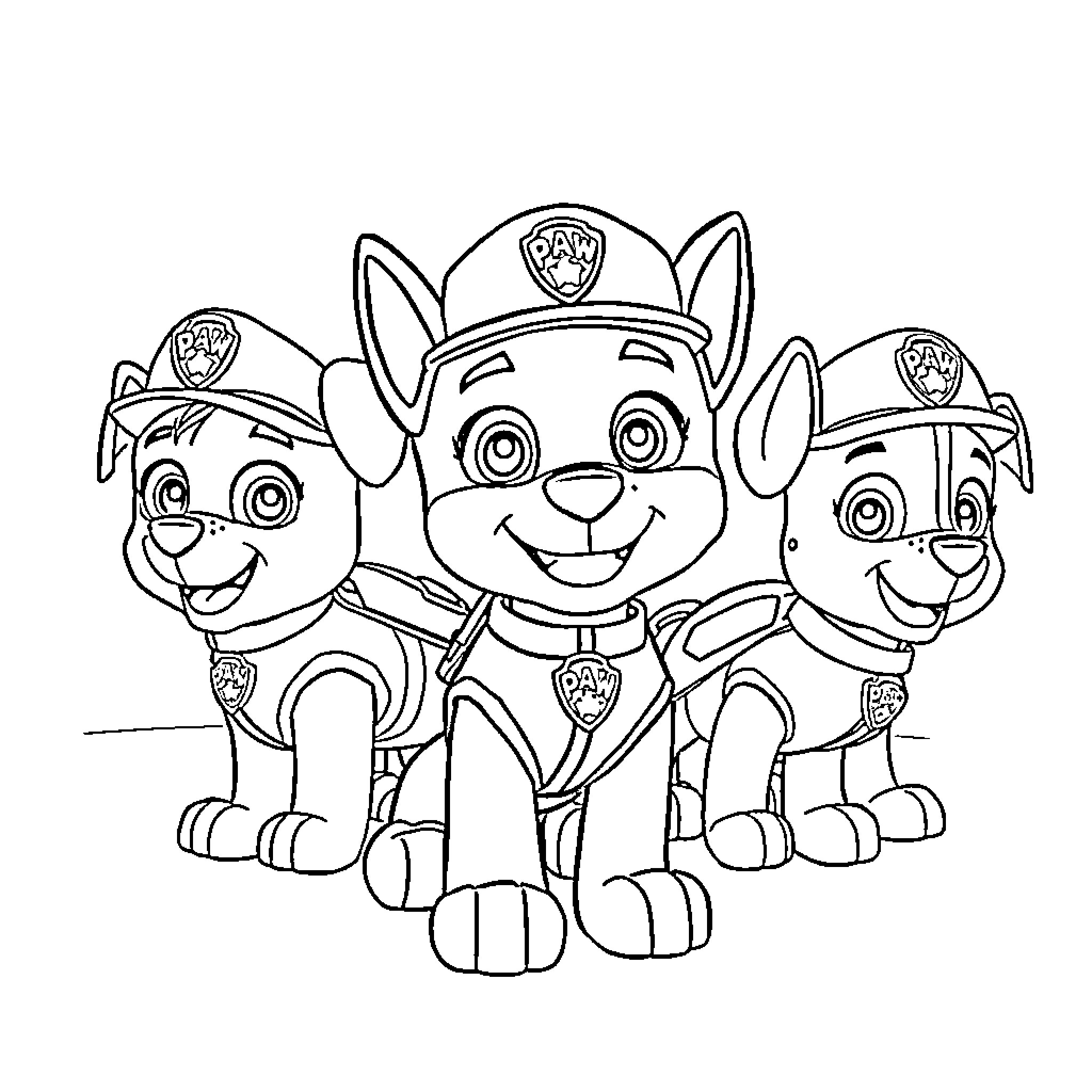 Paw Patrol Pups in Uniform Coloring Page (free black-and-white line drawing printable PDF for all, from beginners to advanced learners, including children, teens, adults, and seniors)