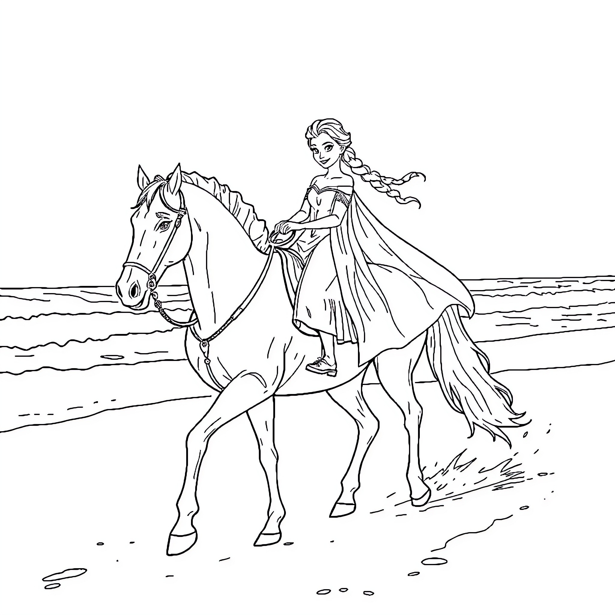 Elsa riding a horse on the beach Coloring Page (free black-and-white line drawing printable PDF for all, from beginners to advanced learners, including children, teens, adults, and seniors)