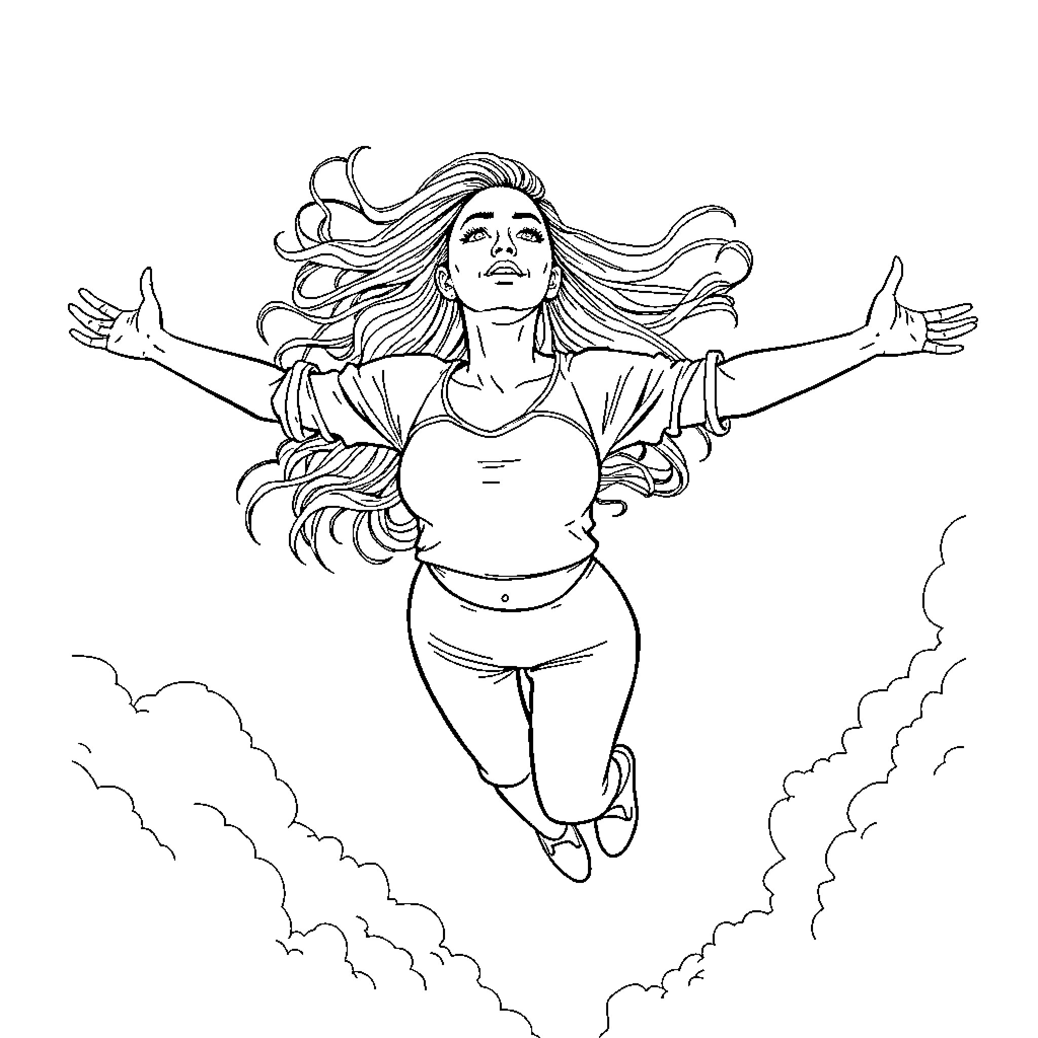 Ariana Grande soaring through the clouds with outstretched arms Coloring Page (free black-and-white line drawing printable PDF for all, from beginners to advanced learners, including children, teens, adults, and seniors)