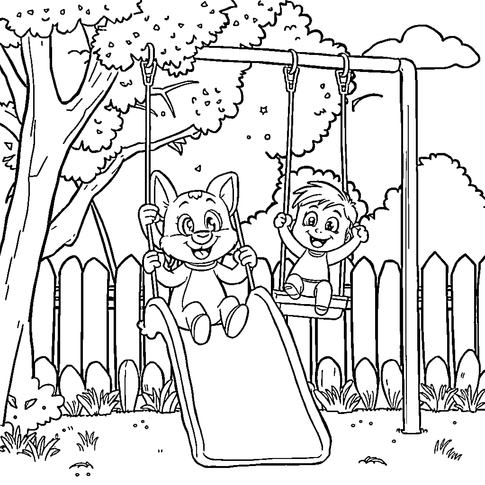 Bluey and friend playing on swings in the park Coloring Page (free black-and-white line drawing printable PDF for all, from beginners to advanced learners, including children, teens, adults, and seniors)