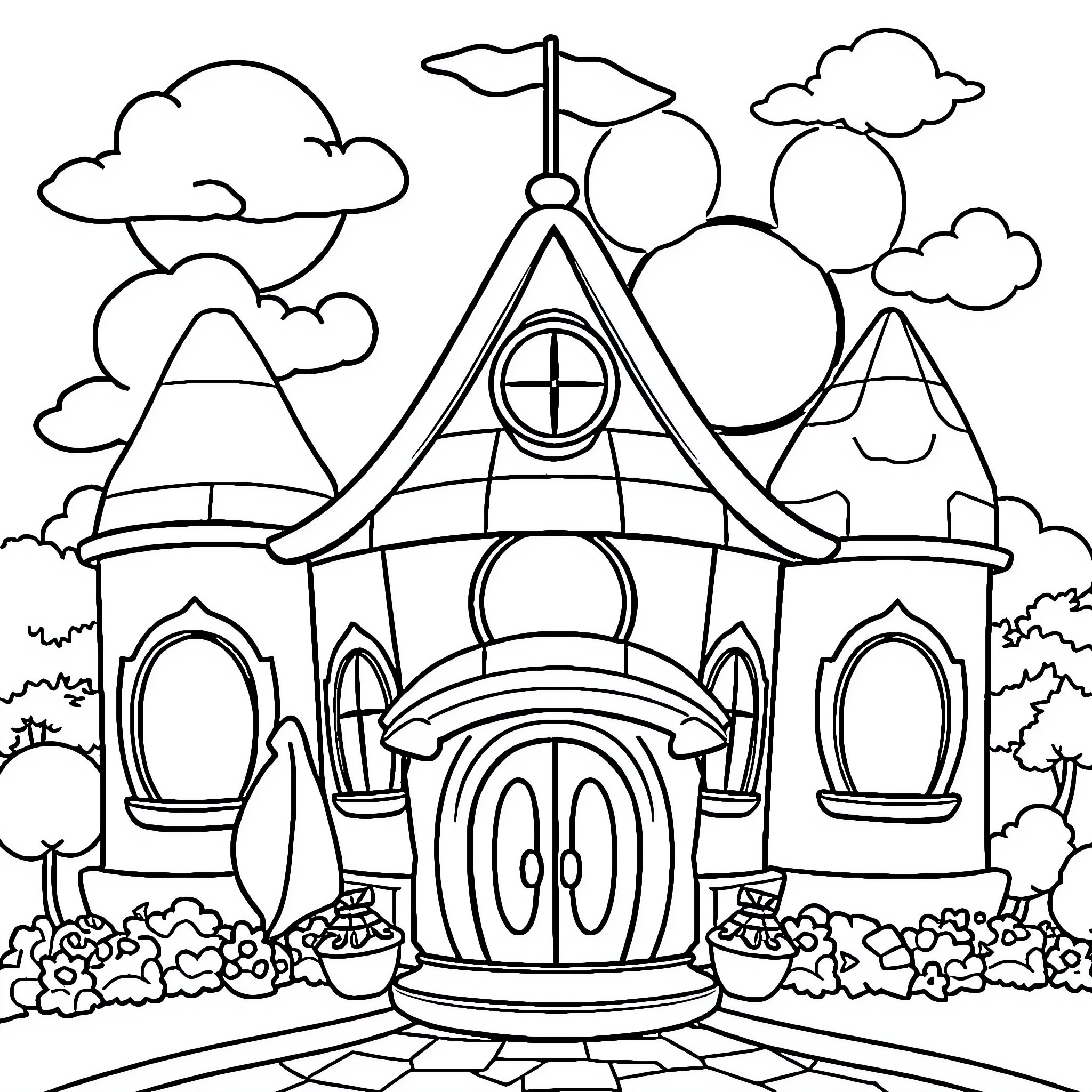 Mickey Mouse's Enchanted Castle in the Clouds Coloring Page (free black-and-white line drawing printable PDF for all, from beginners to advanced learners, including children, teens, adults, and seniors)
