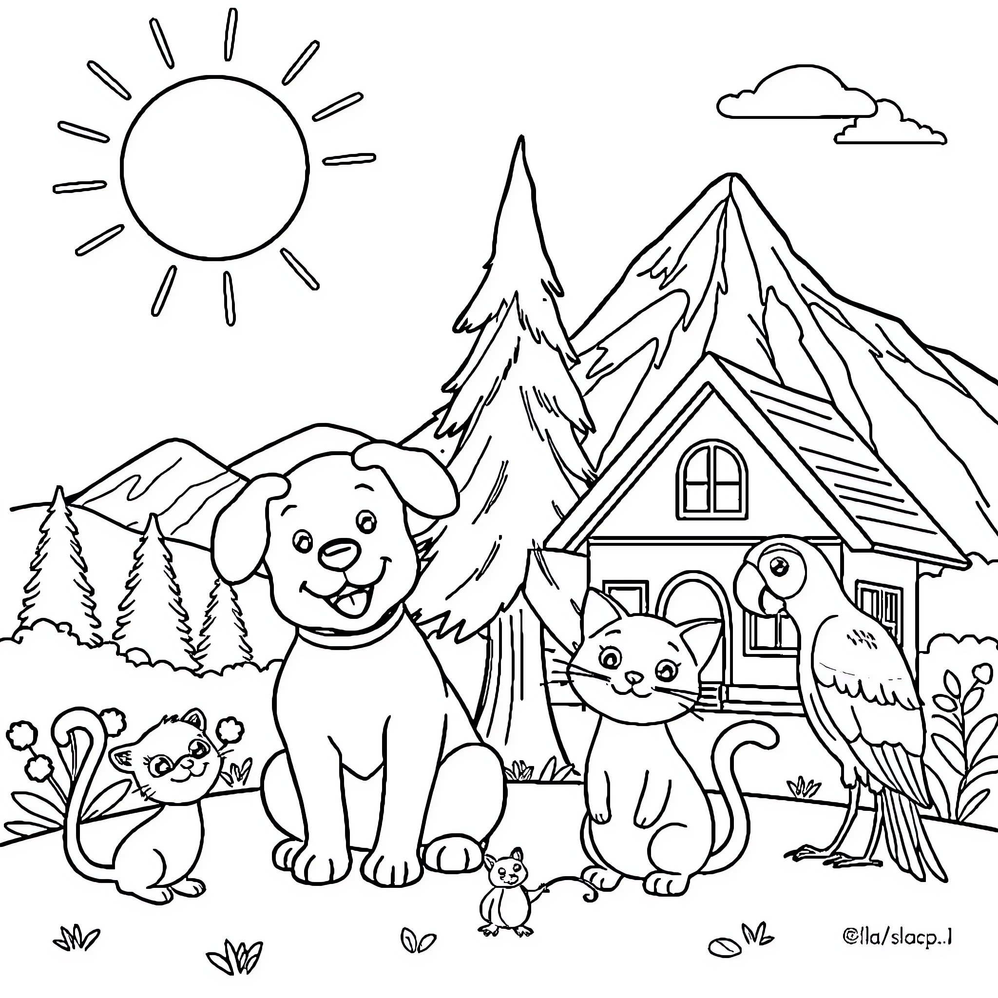 Animal friends enjoying the peaceful countryside Coloring Page (free black-and-white line drawing printable PDF for all, from beginners to advanced learners, including children, teens, adults, and seniors)