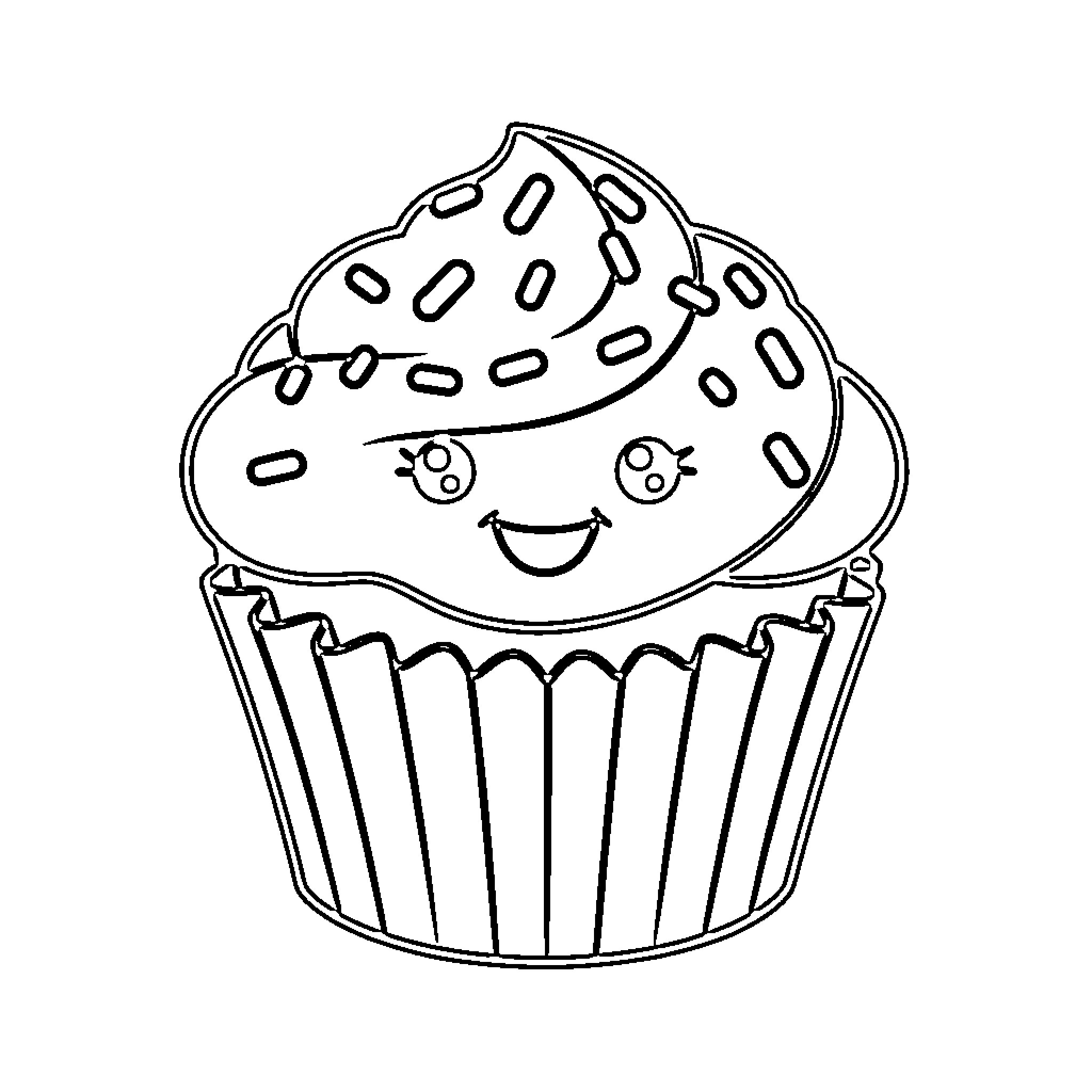 Cupcake with a happy expression Coloring Page (free black-and-white line drawing printable PDF for all, from beginners to advanced learners, including children, teens, adults, and seniors)