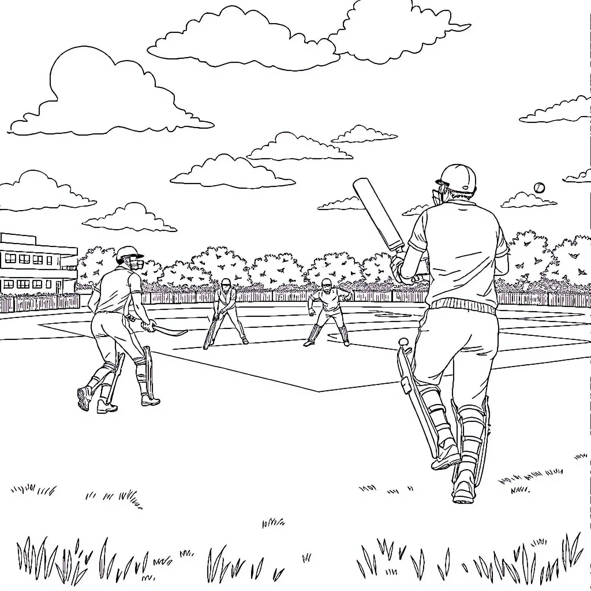 Cricket players in action on the field Coloring Page (free black-and-white line drawing printable PDF for all, from beginners to advanced learners, including children, teens, adults, and seniors)
