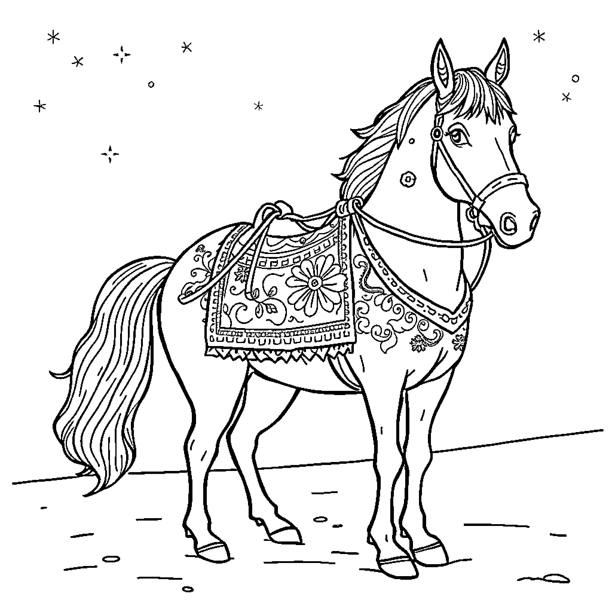 Horse in ornate saddle and tack on a starry night Coloring Page (free black-and-white line drawing printable PDF for all, from beginners to advanced learners, including children, teens, adults, and seniors)