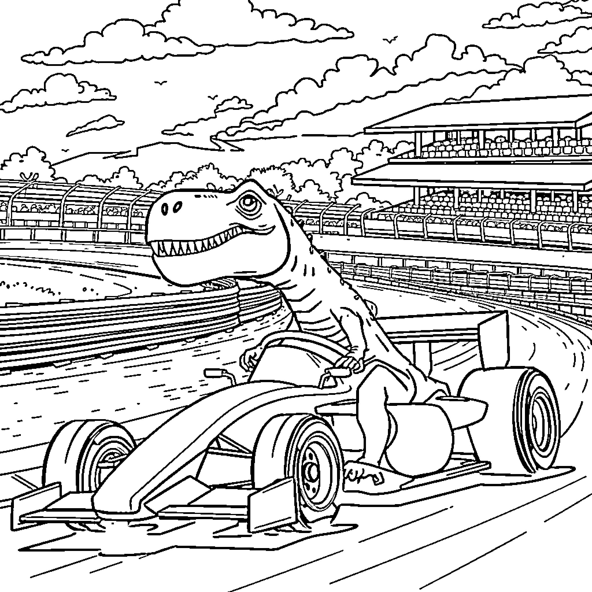 Dinosaur racing at the track Coloring Page (free black-and-white line drawing printable PDF for all, from beginners to advanced learners, including children, teens, adults, and seniors)