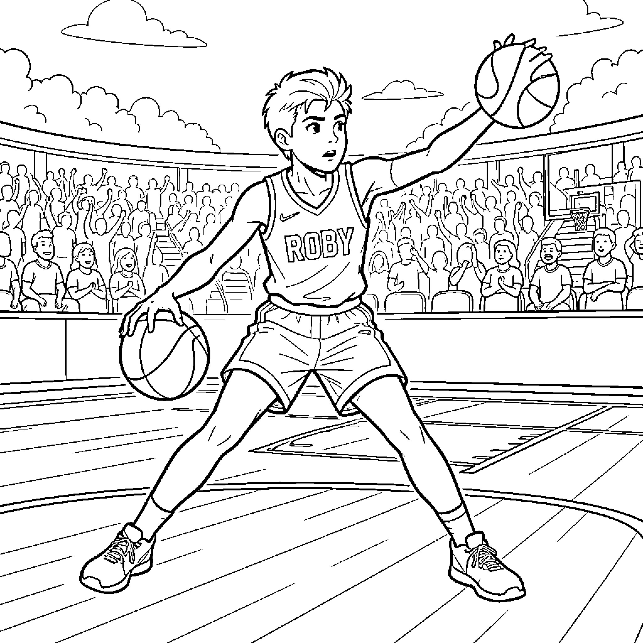 Ruby playing basketball intensely in front of a crowd Coloring Page (free black-and-white line drawing printable PDF for all, from beginners to advanced learners, including children, teens, adults, and seniors)