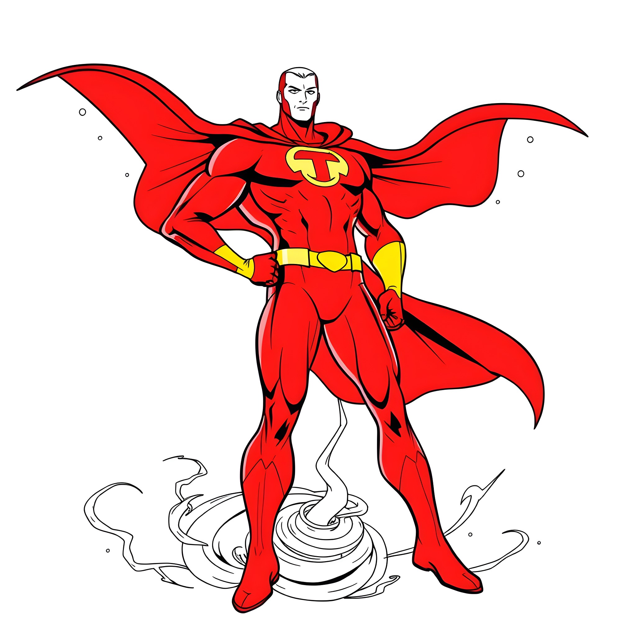 Red Tornado heroically saving the day Coloring Page (free black-and-white line drawing printable PDF for all, from beginners to advanced learners, including children, teens, adults, and seniors)