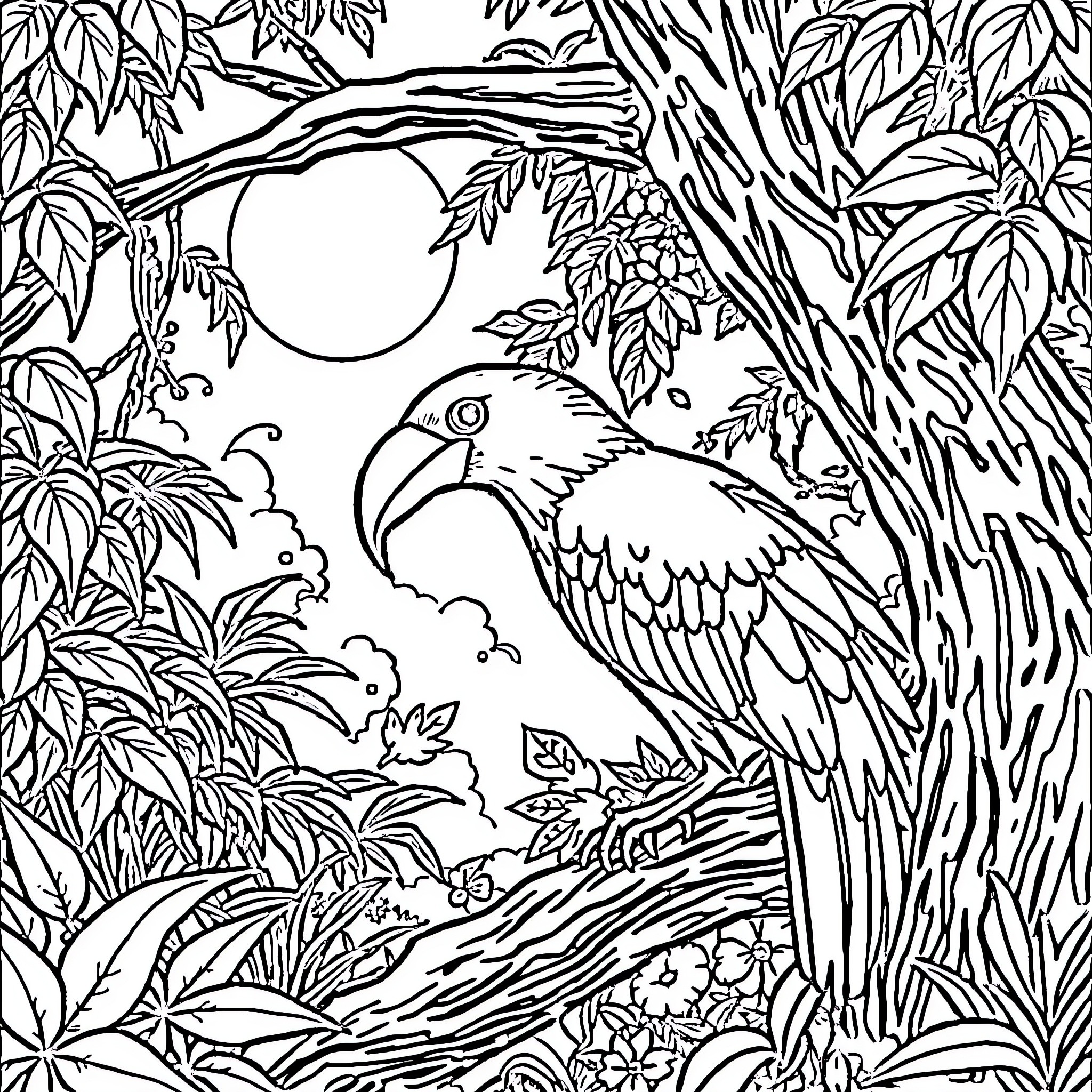 Wild Animal in Tropical Jungle Landscape Coloring Page (free black-and-white line drawing printable PDF for all, from beginners to advanced learners, including children, teens, adults, and seniors)