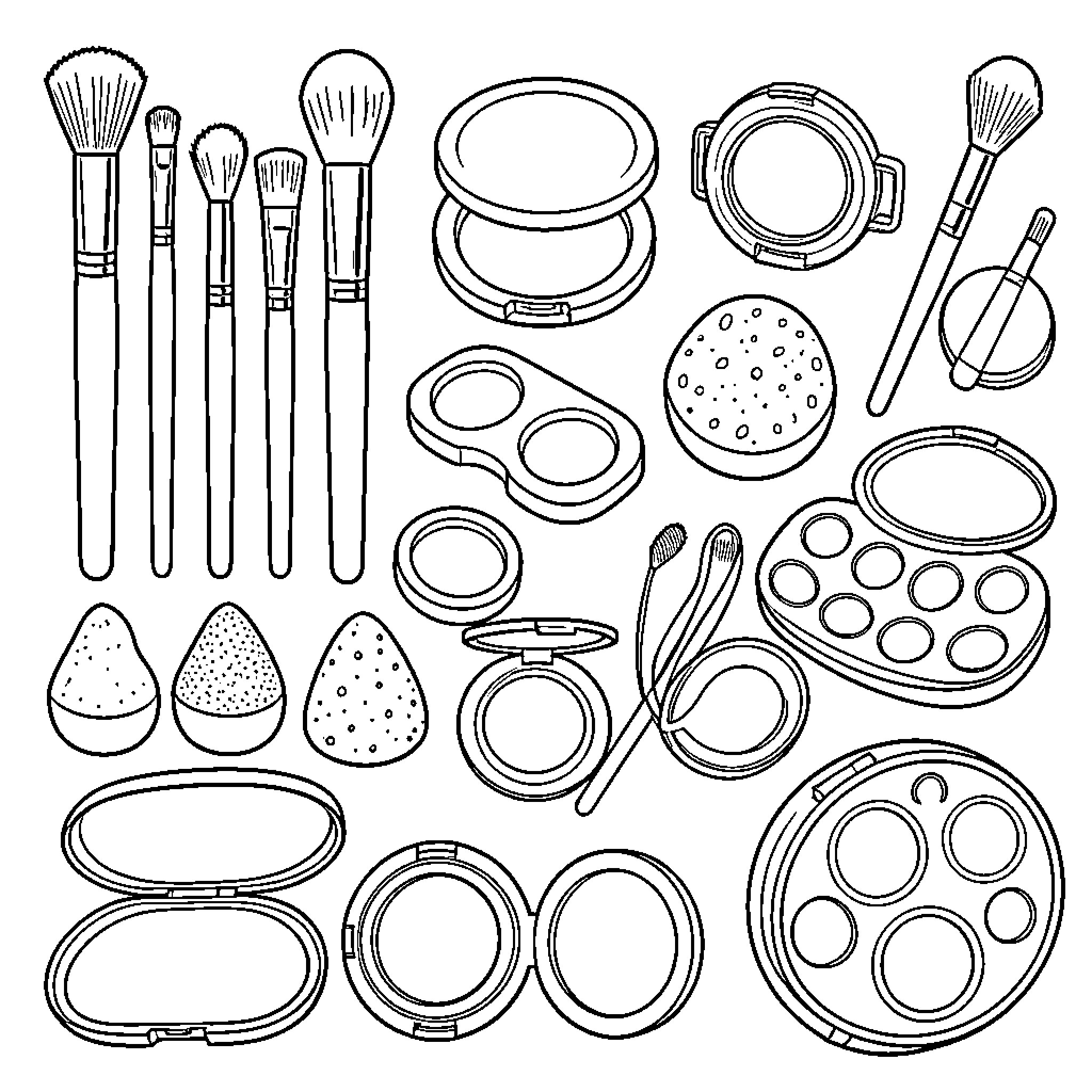 Makeup Accessories arranged in an organized collection Coloring Page (free black-and-white line drawing printable PDF for all, from beginners to advanced learners, including children, teens, adults, and seniors)
