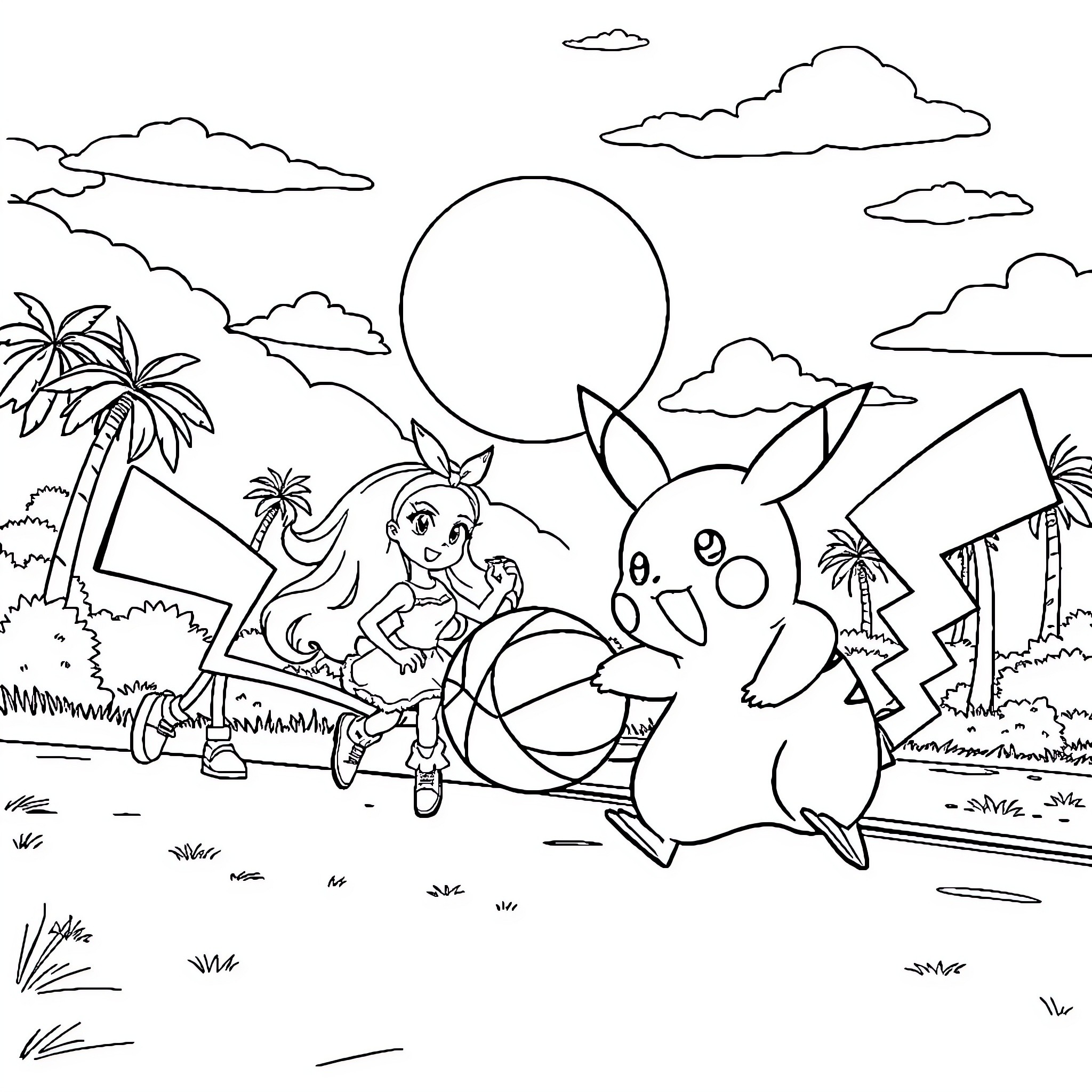 Pikachu and girl enjoying tropical beach adventure Coloring Page (free black-and-white line drawing printable PDF for all, from beginners to advanced learners, including children, teens, adults, and seniors)