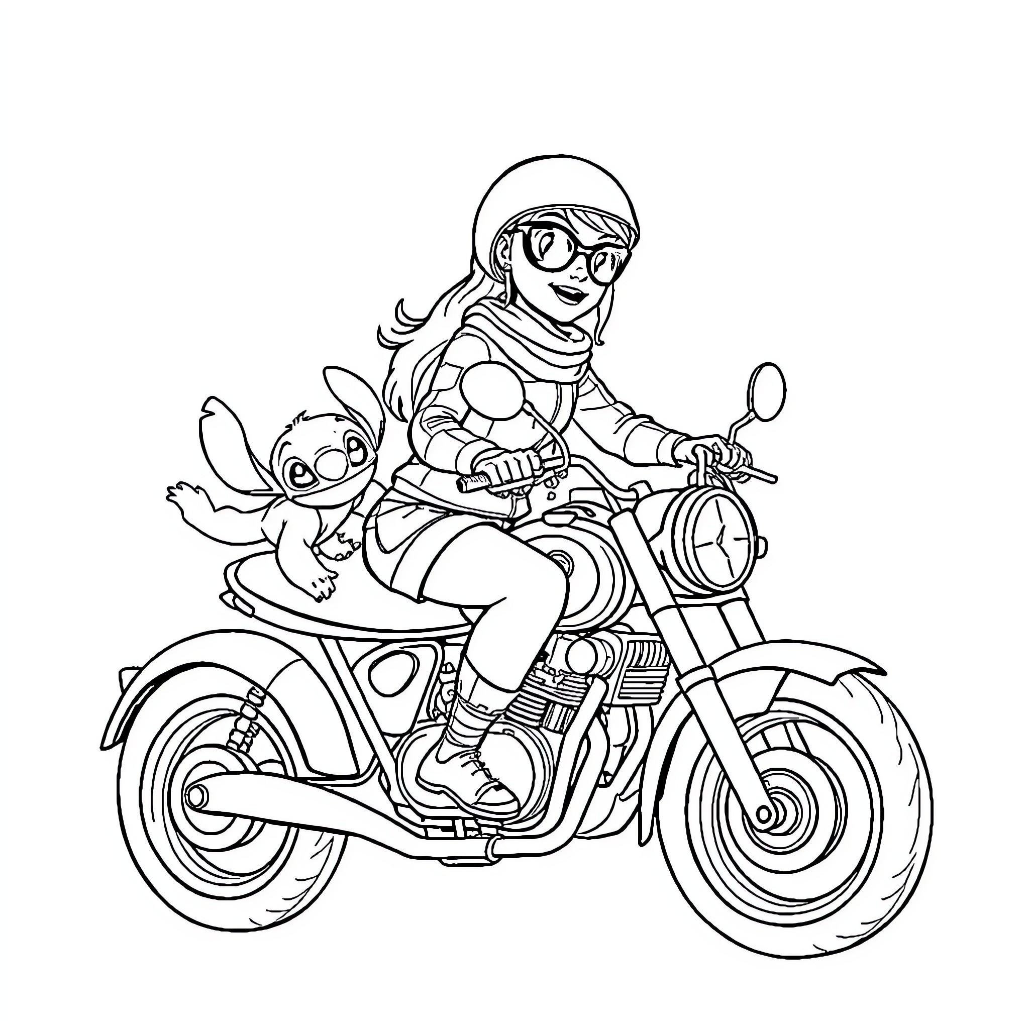 Oma's Thrilling Motorcycle Adventure with Furry Companion Coloring Page (free black-and-white line drawing printable PDF for all, from beginners to advanced learners, including children, teens, adults, and seniors)