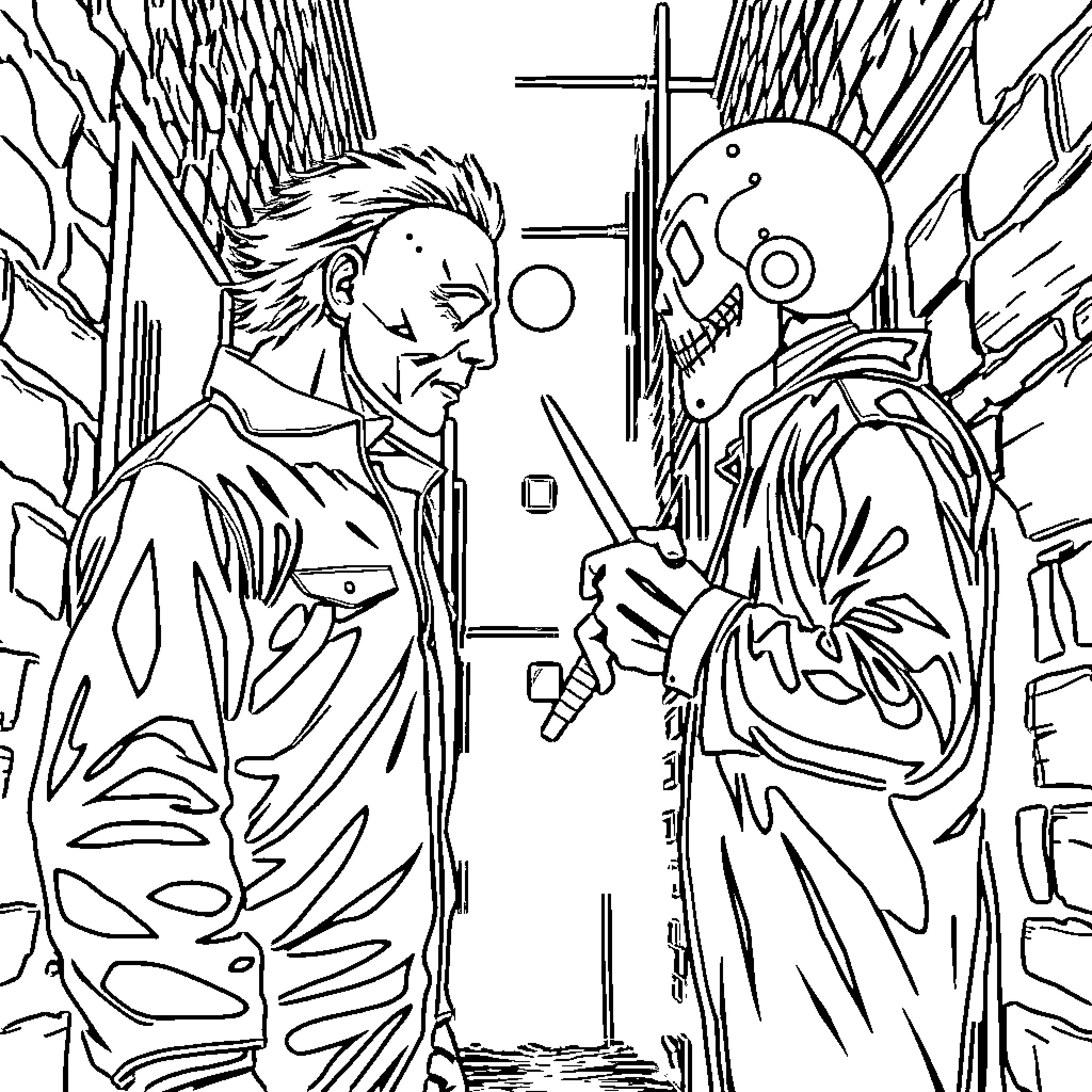Michael Myers Confronts the Masked Killer in Grim Encounter Coloring Page (free black-and-white line drawing printable PDF for all, from beginners to advanced learners, including children, teens, adults, and seniors)