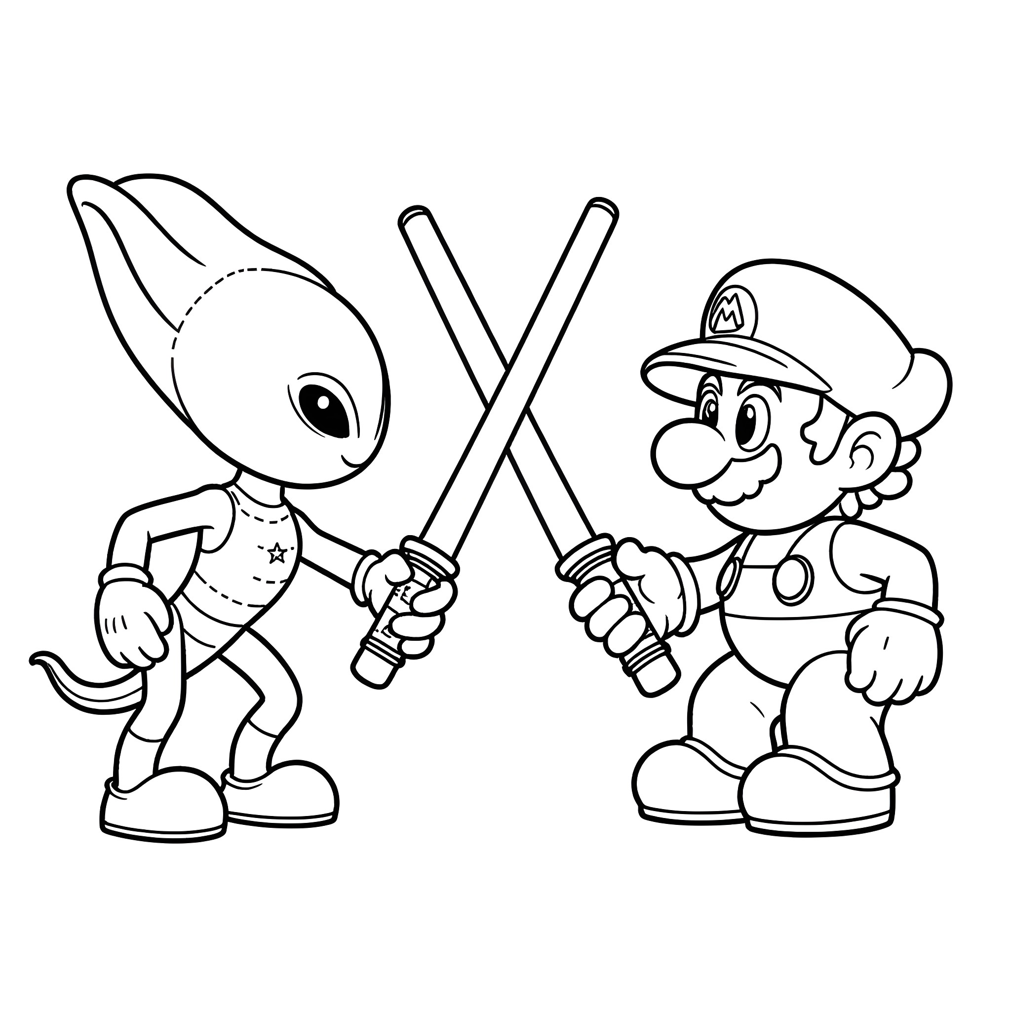 Mario and Creature Engaging in Battle with Swords Coloring Page (free black-and-white line drawing printable PDF for all, from beginners to advanced learners, including children, teens, adults, and seniors)