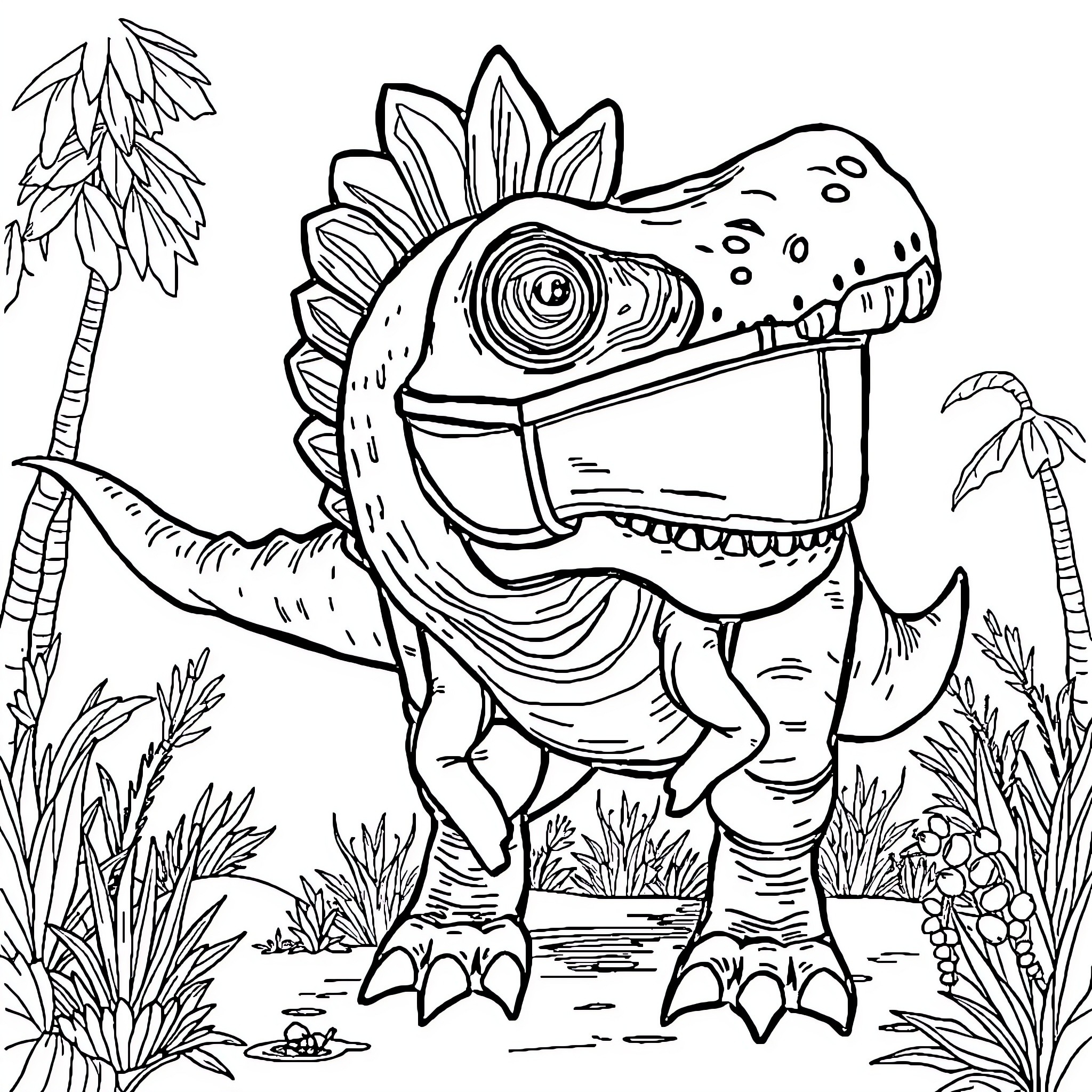 Spinosaurus exploring the prehistoric jungle Coloring Page (free black-and-white line drawing printable PDF for all, from beginners to advanced learners, including children, teens, adults, and seniors)