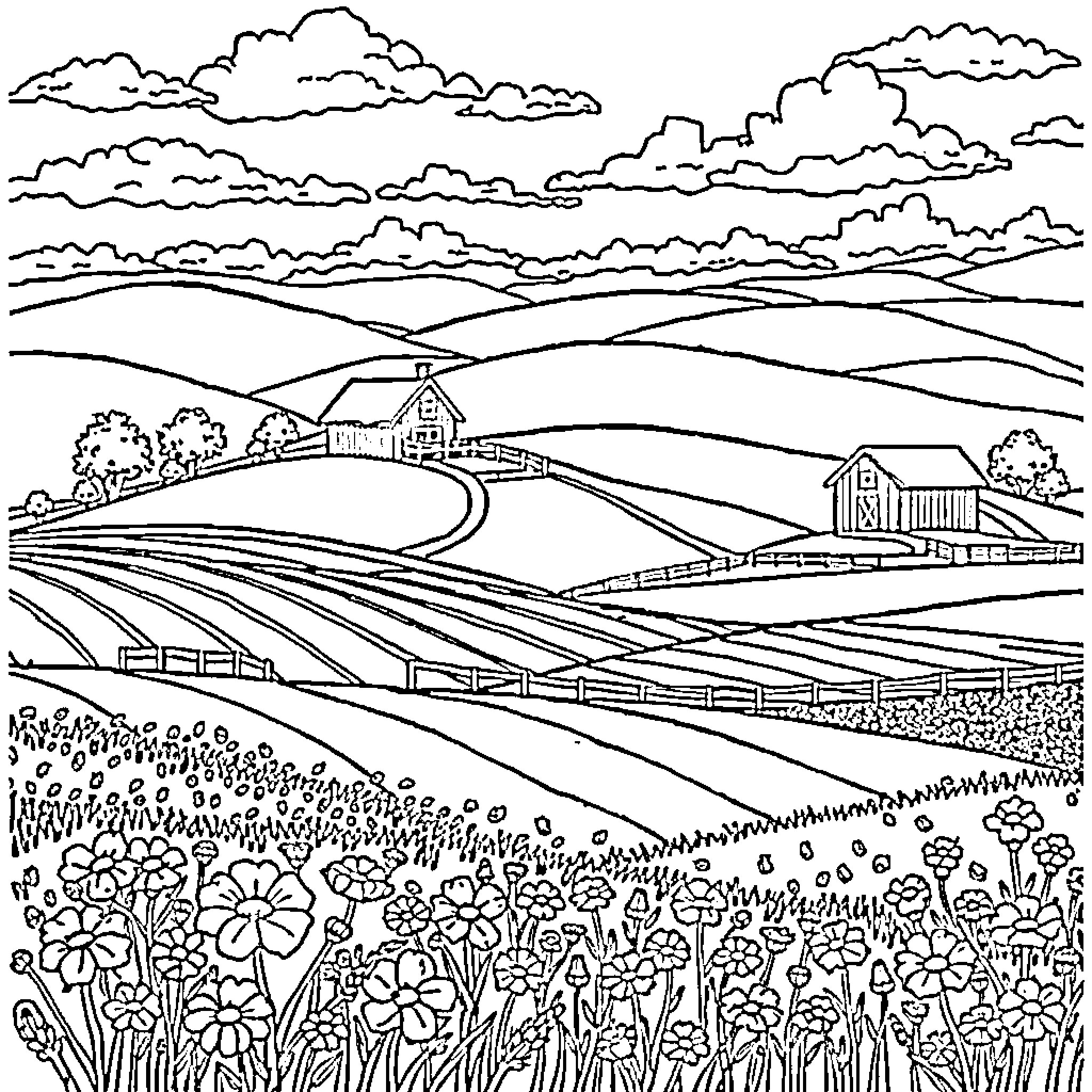 Farm Scenery with Idyllic Landscape and Buildings Coloring Page (free black-and-white line drawing printable PDF for all, from beginners to advanced learners, including children, teens, adults, and seniors)