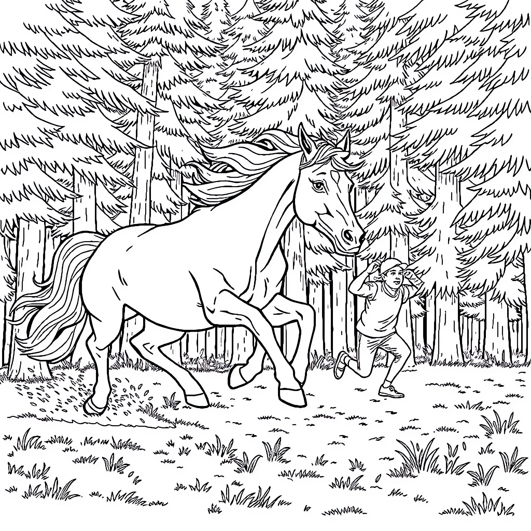 Horse in Forest with Person Coloring Page (free black-and-white line drawing printable PDF for all, from beginners to advanced learners, including children, teens, adults, and seniors)