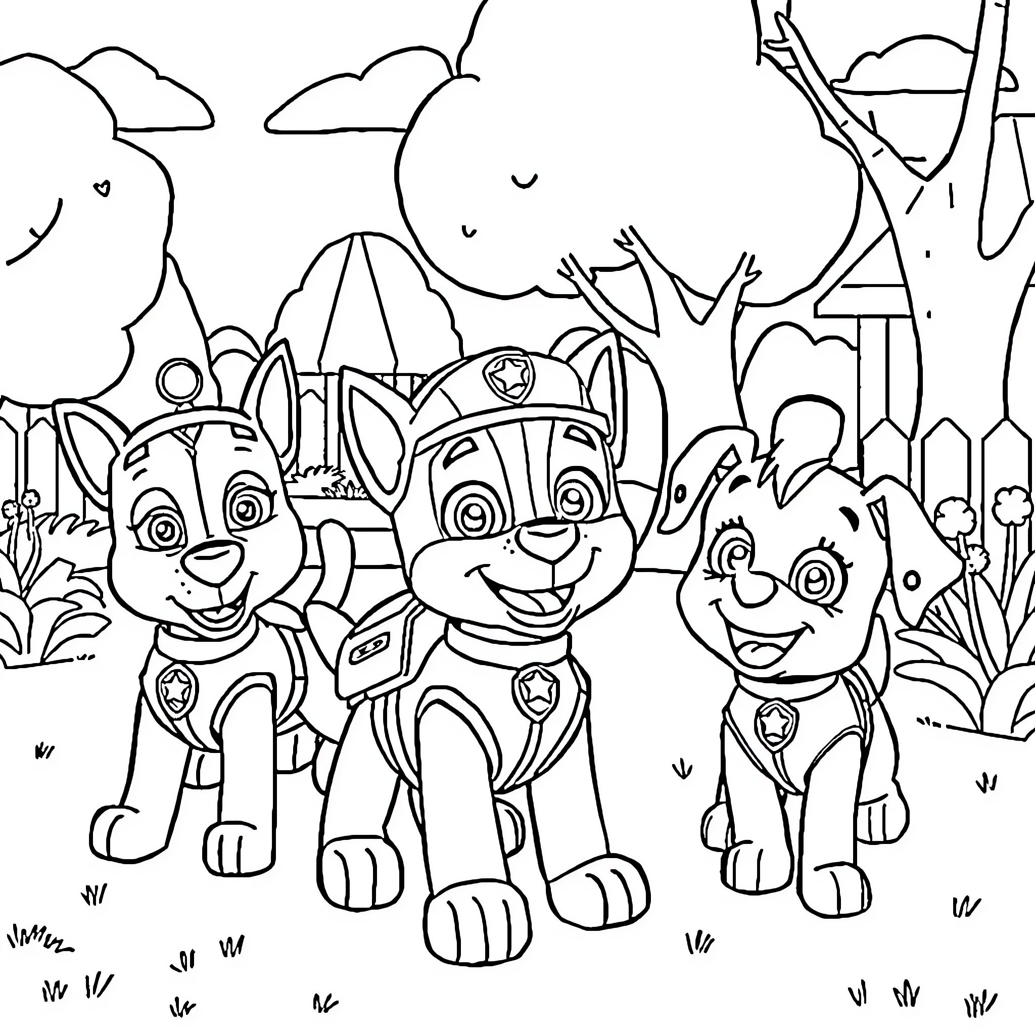 Paw Patrol Puppy Trio on Adventure in the Wilderness Coloring Page (free black-and-white line drawing printable PDF for all, from beginners to advanced learners, including children, teens, adults, and seniors)