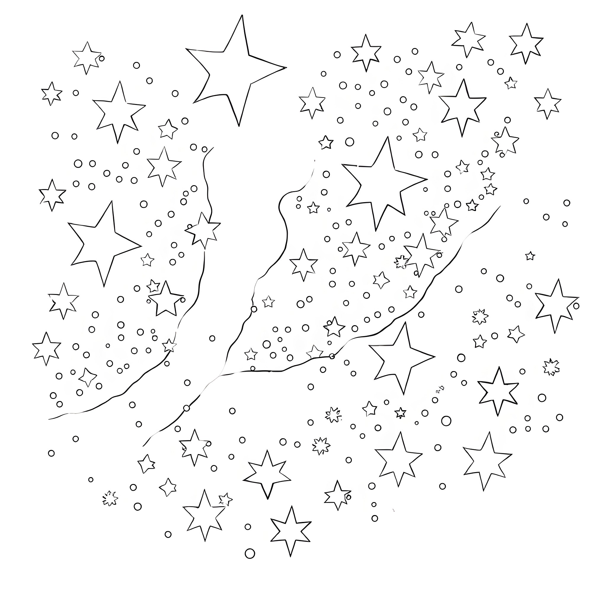 Star-filled sky with twinkling celestial bodies Coloring Page (free black-and-white line drawing printable PDF for all, from beginners to advanced learners, including children, teens, adults, and seniors)