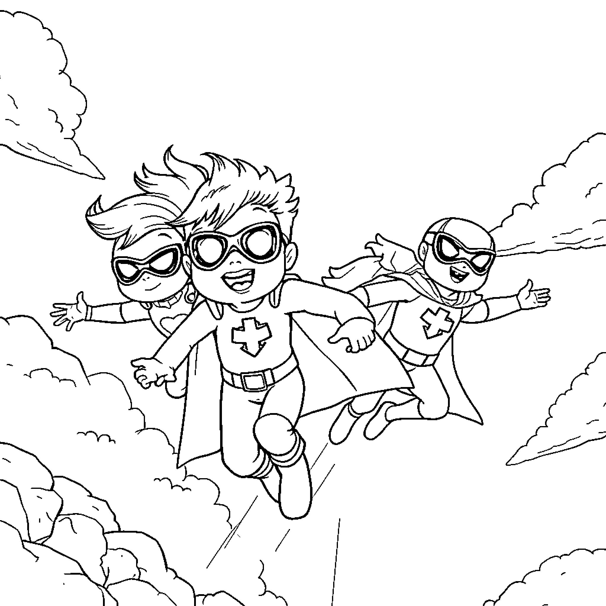 Super Hero Kids Soaring in the Clouds Coloring Page (free black-and-white line drawing printable PDF for all, from beginners to advanced learners, including children, teens, adults, and seniors)