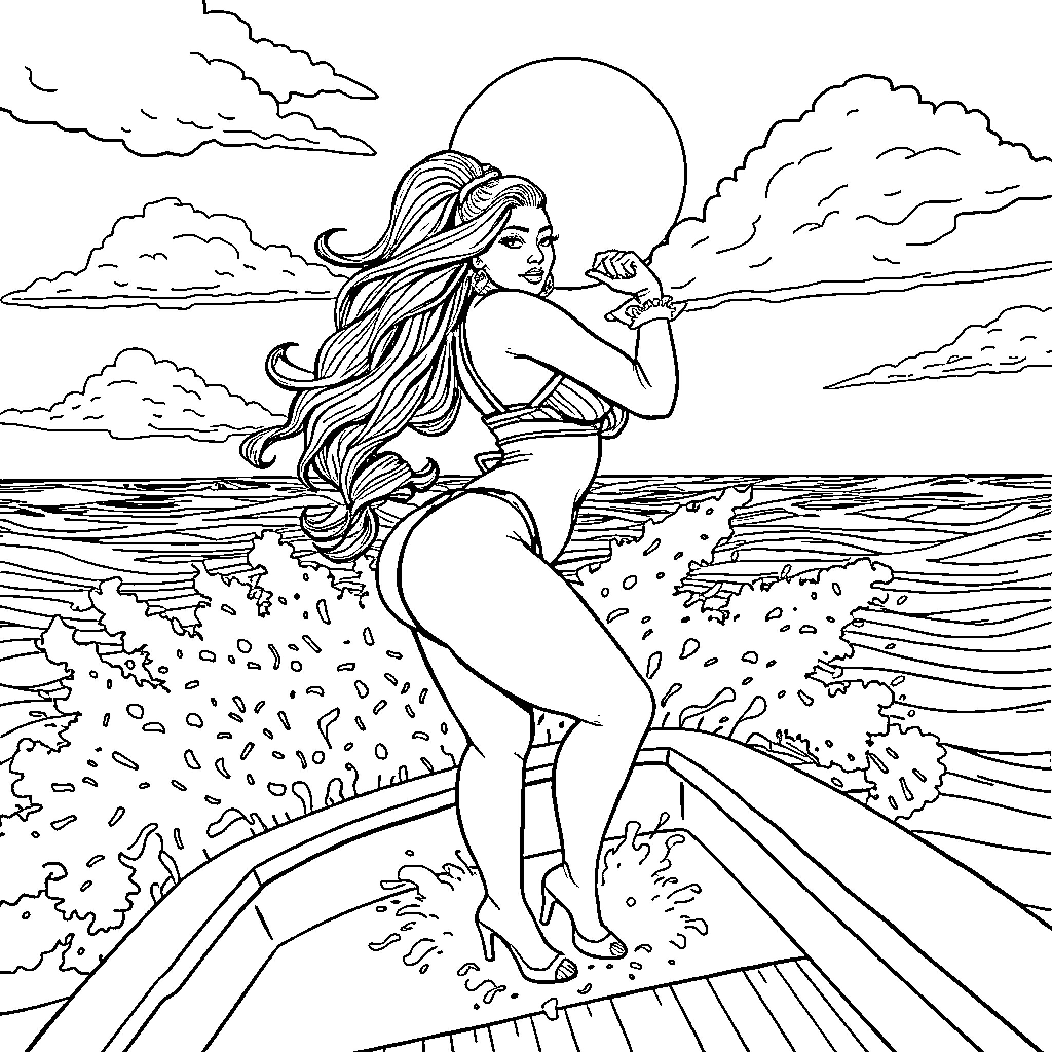 Nicki Minaj in dramatic ocean scene Coloring Page (free black-and-white line drawing printable PDF for all, from beginners to advanced learners, including children, teens, adults, and seniors)