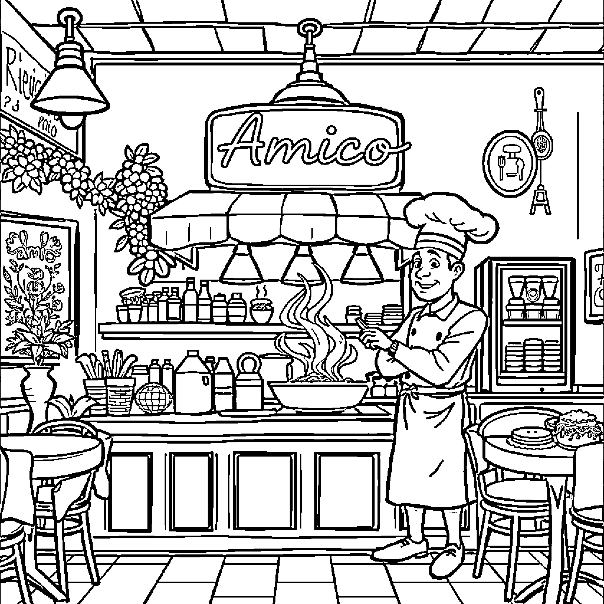 Chef working diligently in kitchen Coloring Page (free black-and-white line drawing printable PDF for all, from beginners to advanced learners, including children, teens, adults, and seniors)
