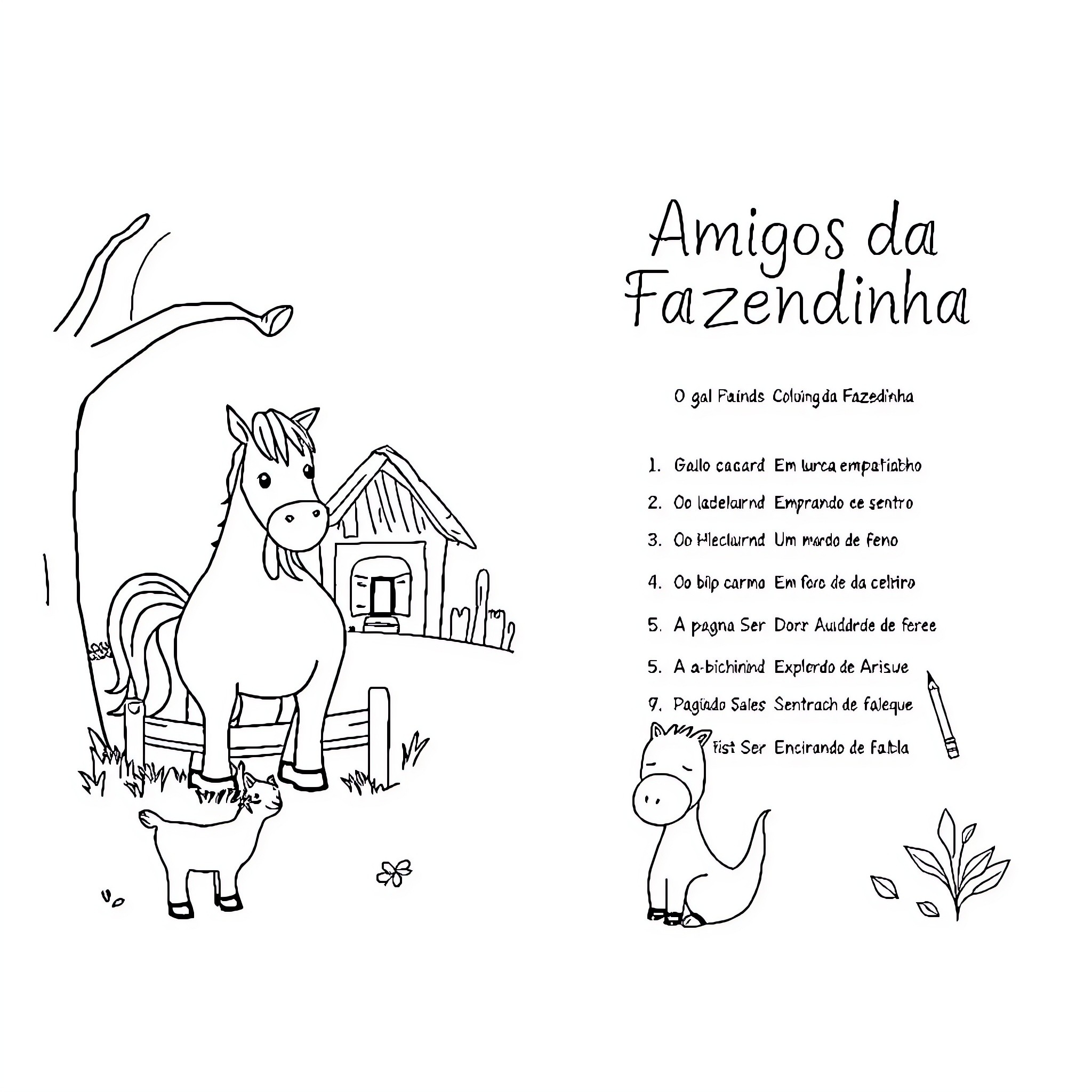 Farm Animals Enjoying their Peaceful Home Coloring Page (free black-and-white line drawing printable PDF for all, from beginners to advanced learners, including children, teens, adults, and seniors)
