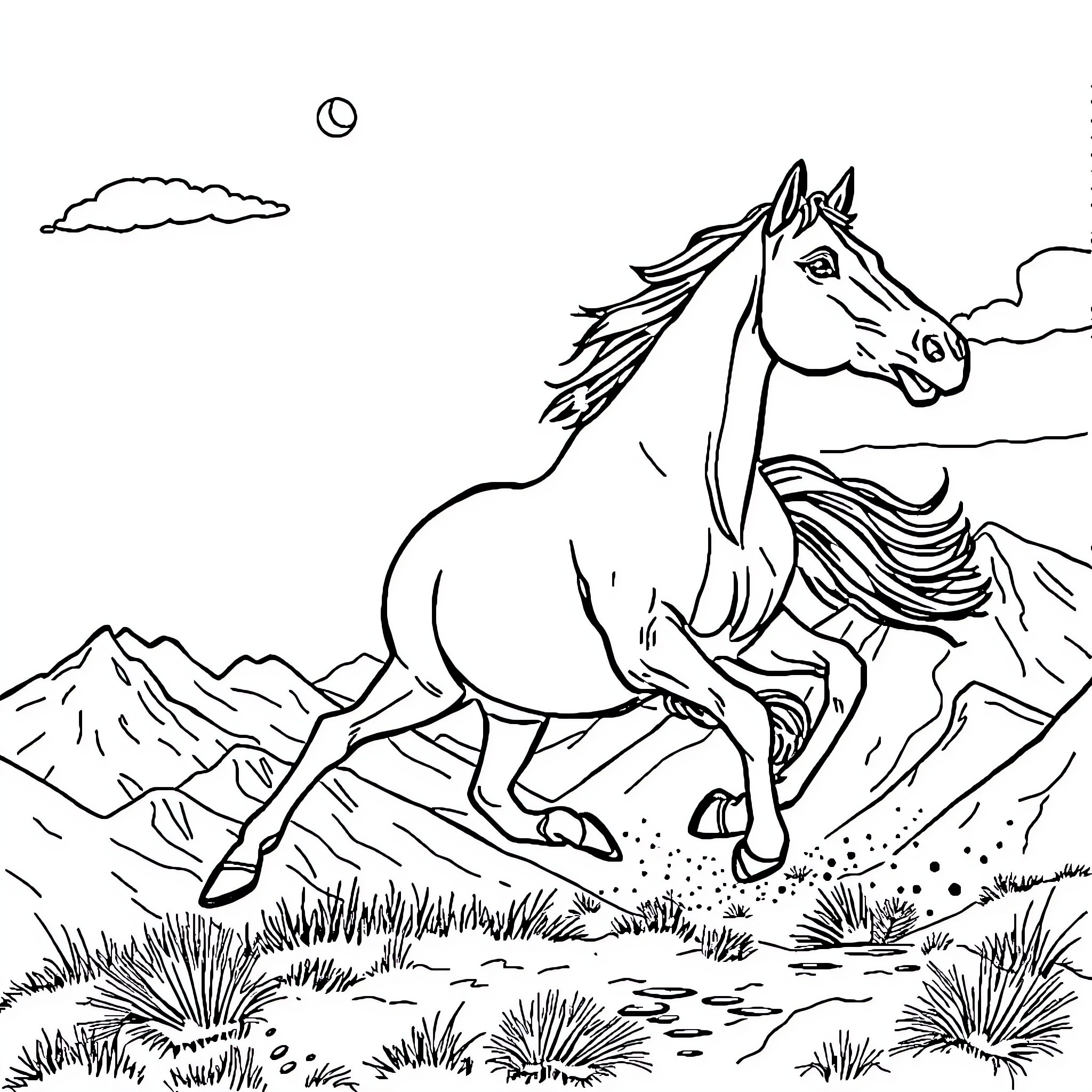 Horse galloping freely in the mountainous landscape Coloring Page (free black-and-white line drawing printable PDF for all, from beginners to advanced learners, including children, teens, adults, and seniors)