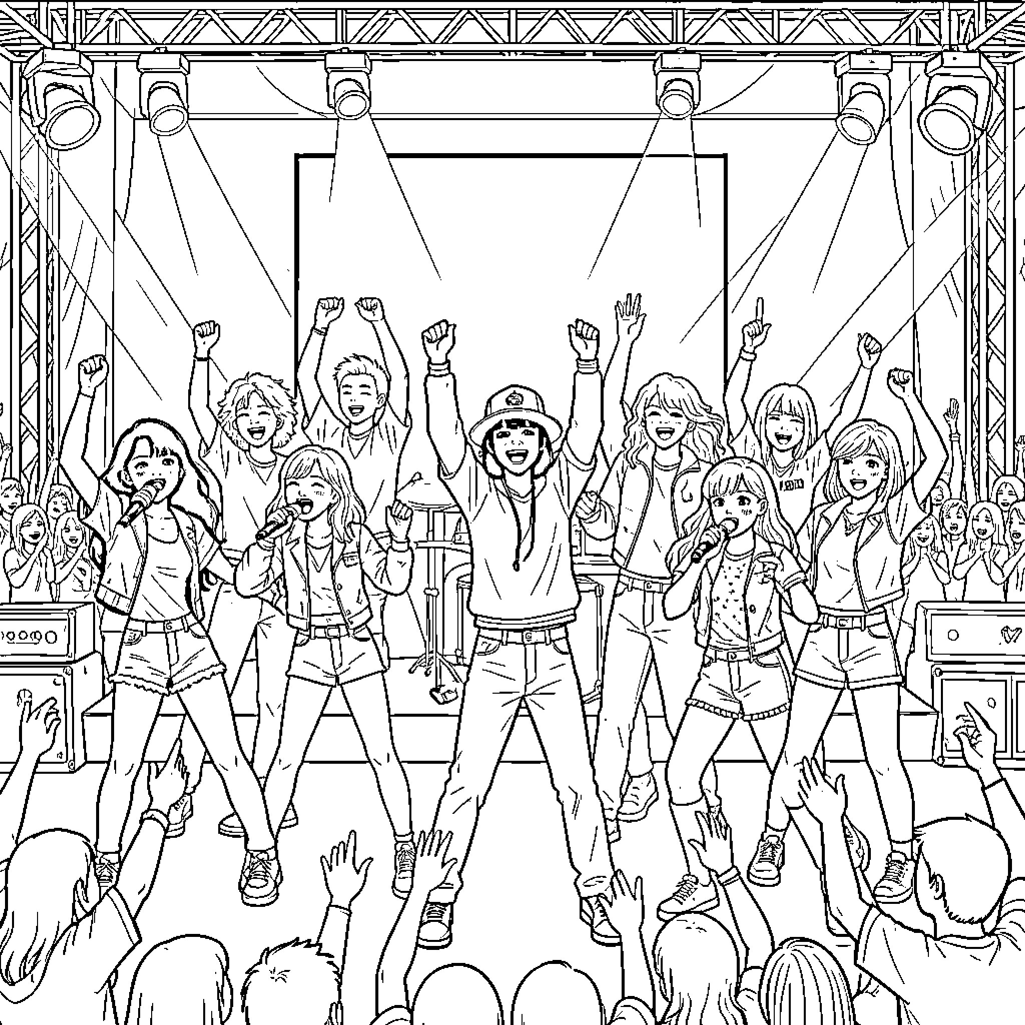 Kpop group performing energetically on stage for fans Coloring Page (free black-and-white line drawing printable PDF for all, from beginners to advanced learners, including children, teens, adults, and seniors)