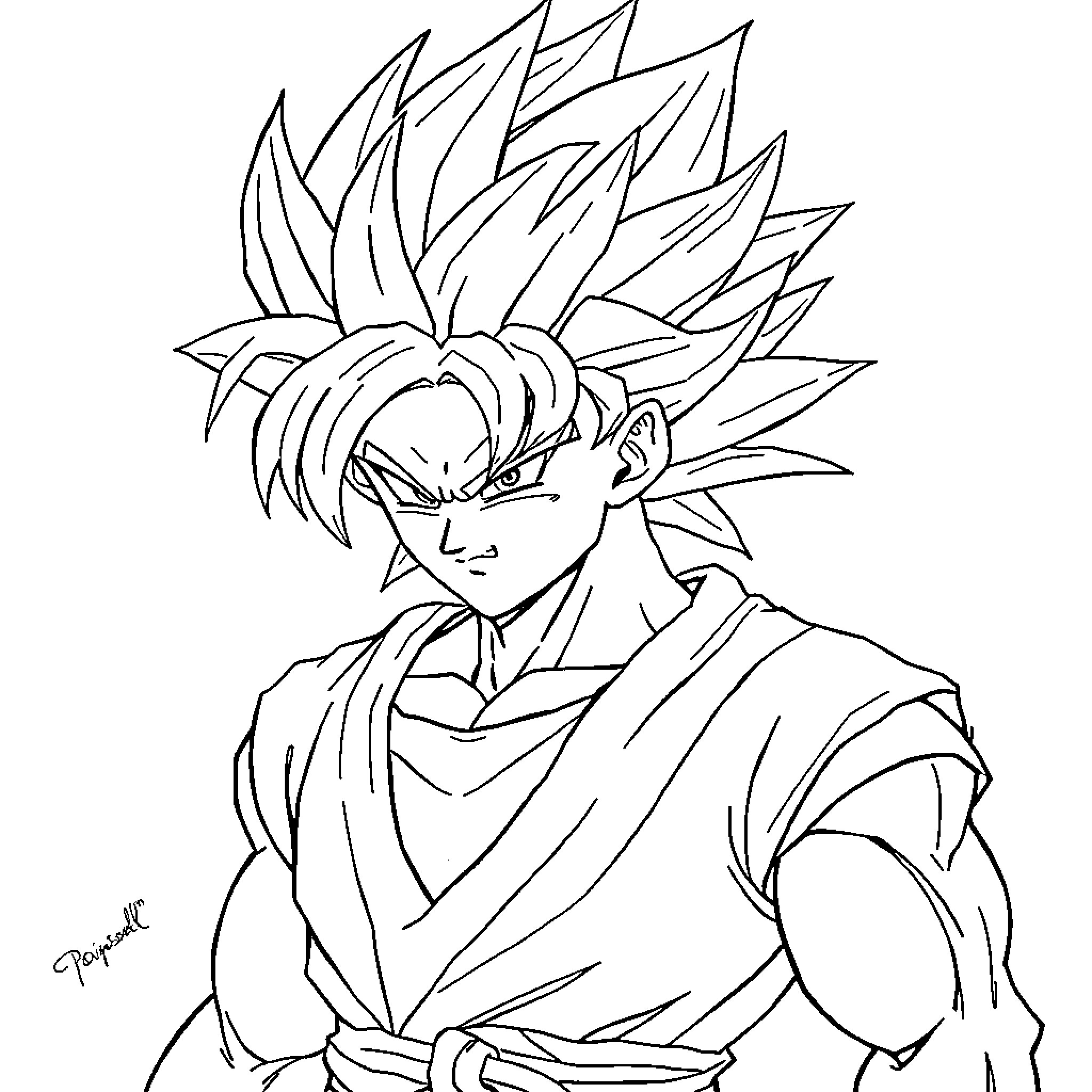 Goku in fierce battle stance Coloring Page (free black-and-white line drawing printable PDF for all, from beginners to advanced learners, including children, teens, adults, and seniors)